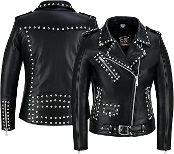 Iron Stud Womens Leather Motorcycle Jacket | Studded Brando Biker Jacket Asymmetrical Zipper Belted Waist