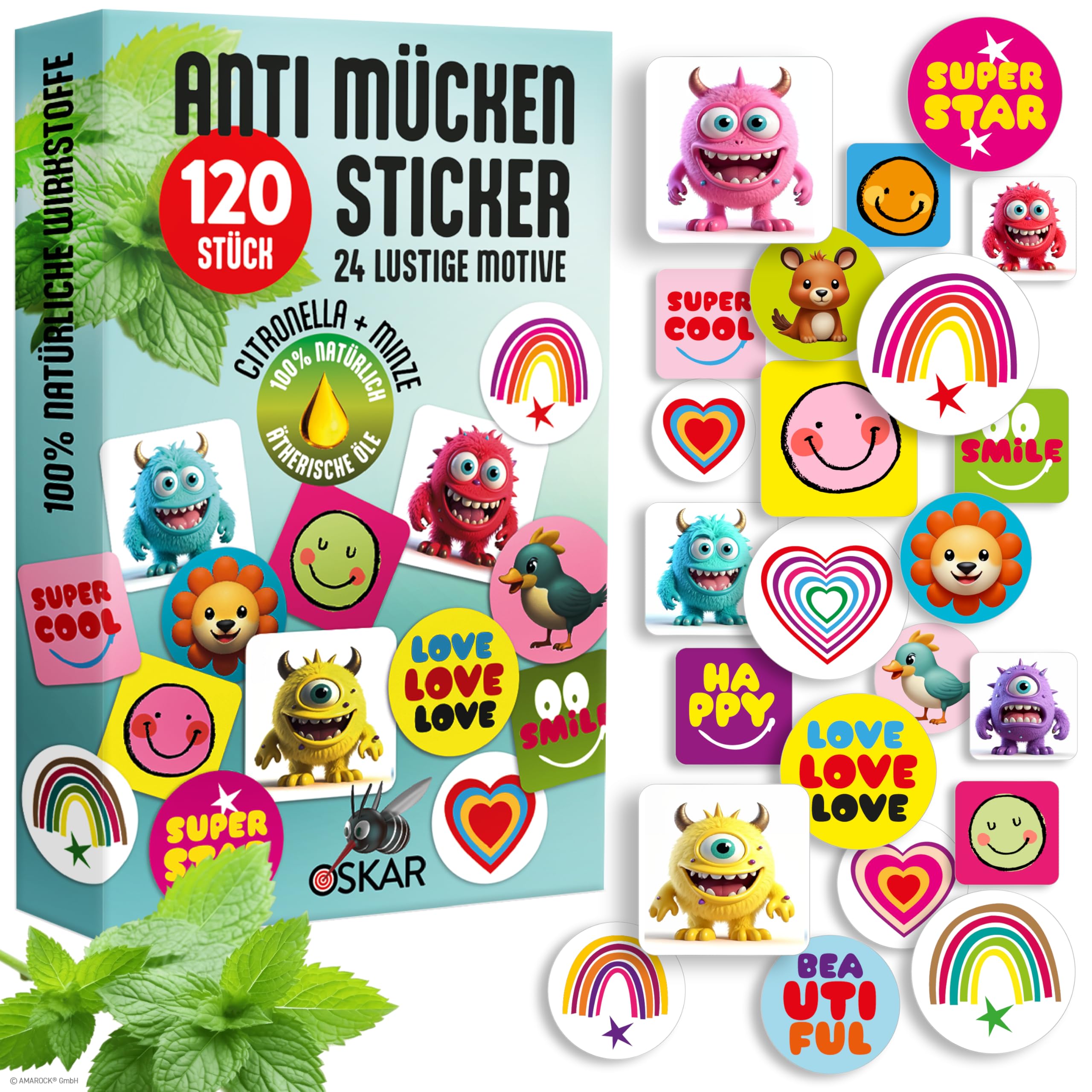 OSKAR - 120 Stück lustige Anti-Mücken Sticker für Kinder - Super Soft - 100% natürlicher Mückenschutz dank Citronella+Minze - Must have für Reise+Urlaub, Camping+Wandern, Sport+Freizeit