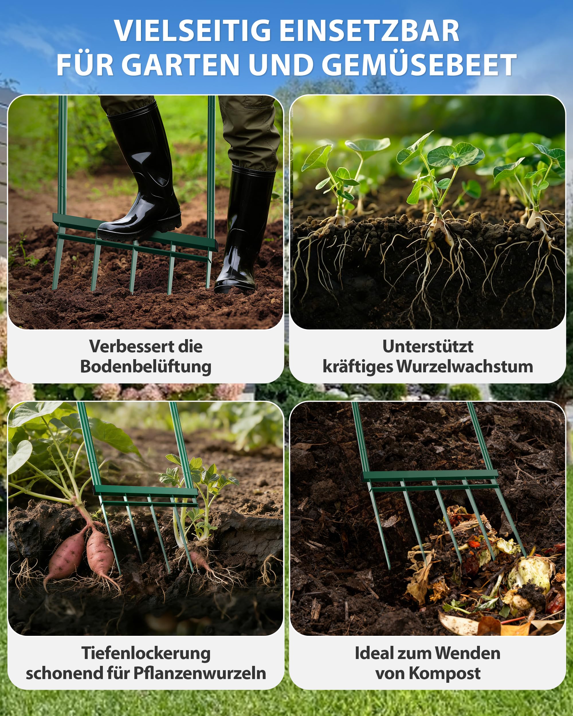 Grabegabel 5 Zinken, 30 cm Zinkenlänge, 51 cm Arbeitsbreite, Zerlegbar, Ergonomisch, Rückenschonend, Tiefe Bodenlockerung