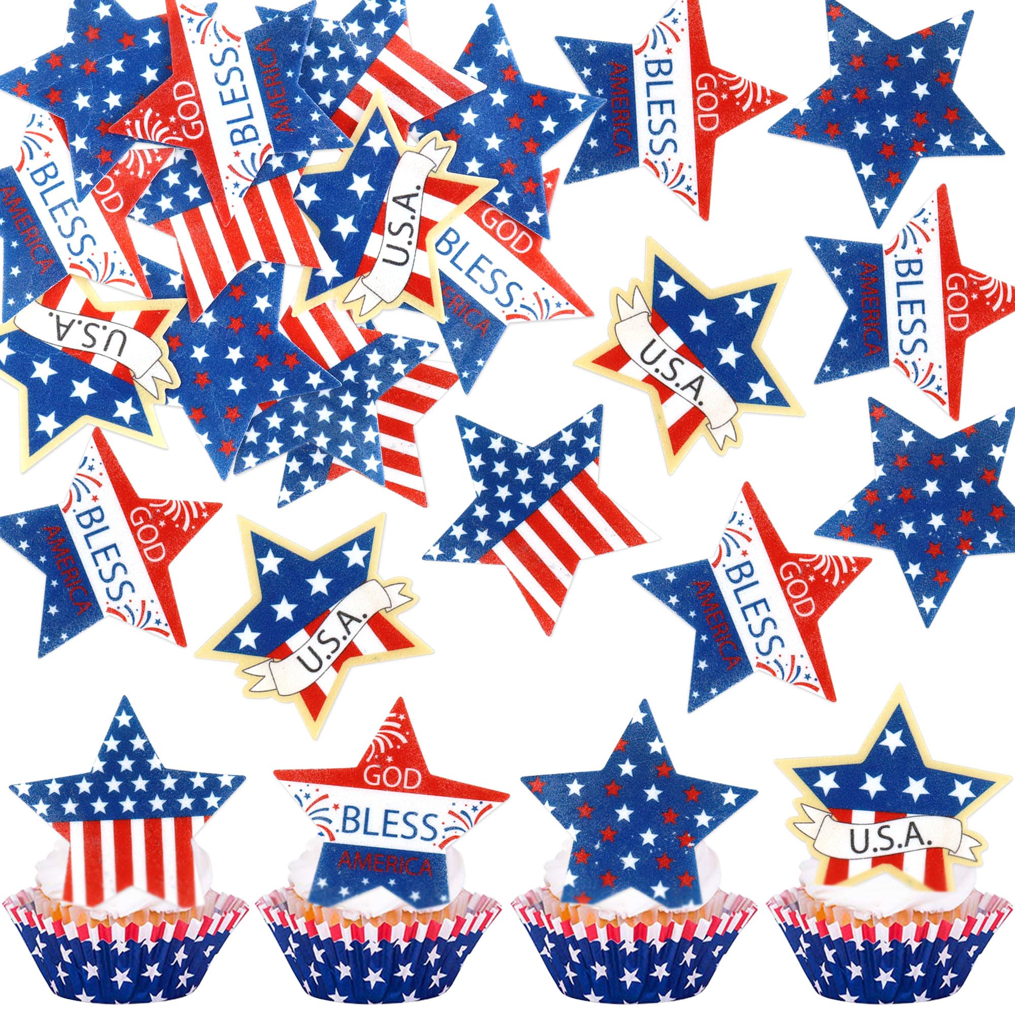 Cyodoos 40PCS Edible Independence Day Cupcake Toppers 4th of July USA God Bless the USA Patriotic Cupcake Picks Toothpicks Decorations for Independence Day Party Supplies
