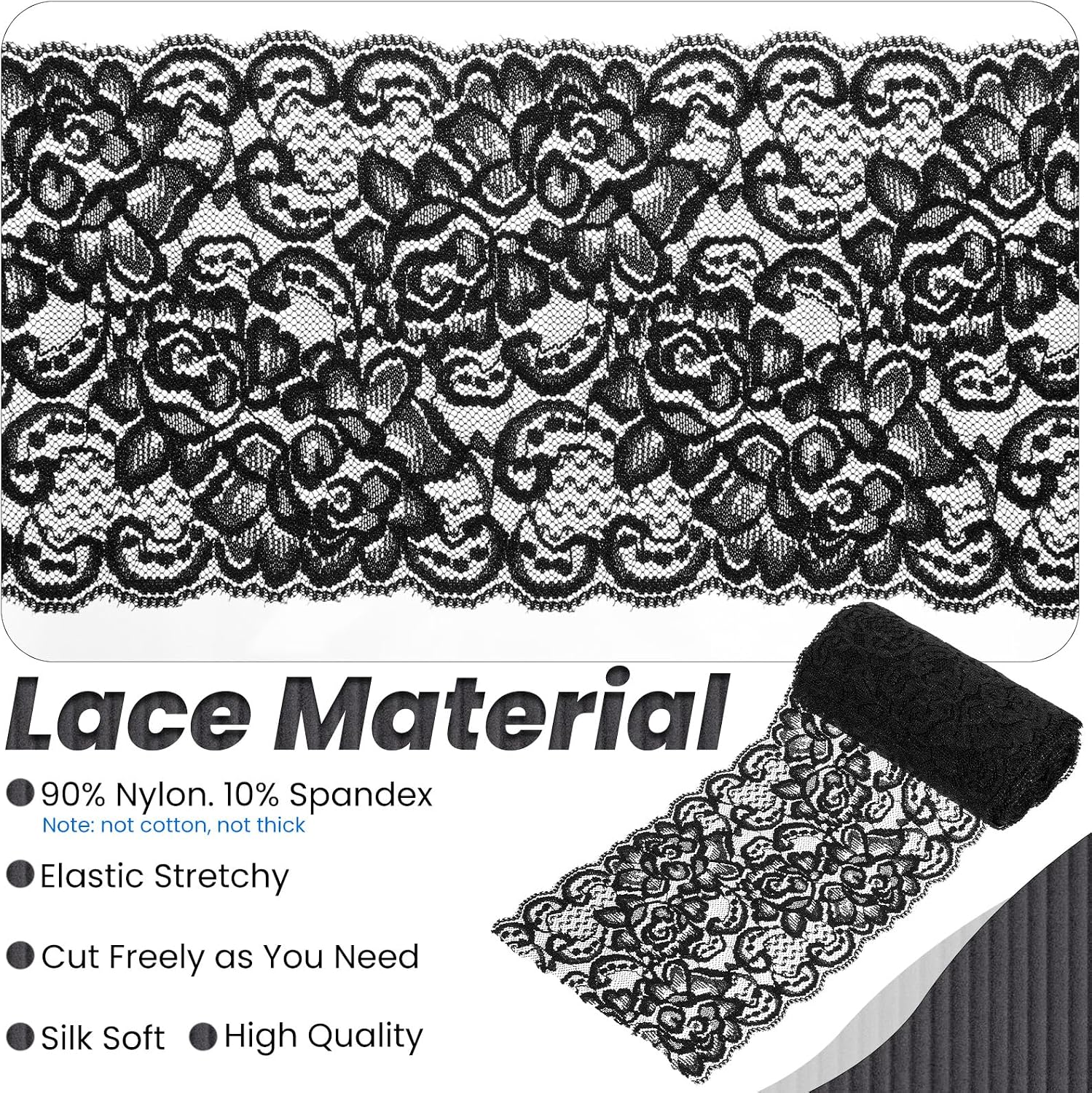 5 Yards 4.5 inches Wide Elastic Stretchy Lace Fabric, Black Stretchy lace Ribbon, Sewing-Lace Trim with Floral Pattern for Bridal Wedding Decorations, Sewing DIY Making, DIY Crafts, Gift Wrapping