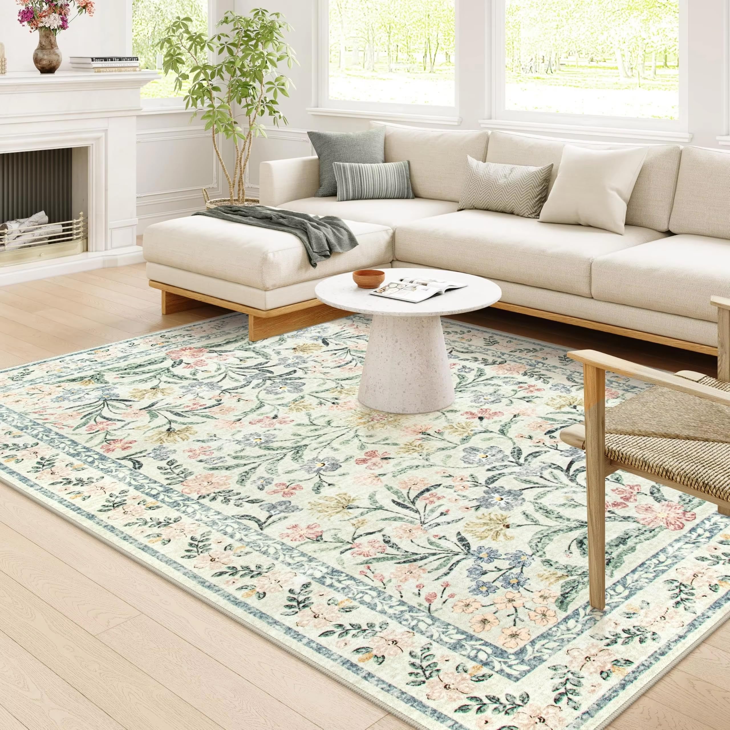 Tapis lavable en machine antidérapant floral bohème doux