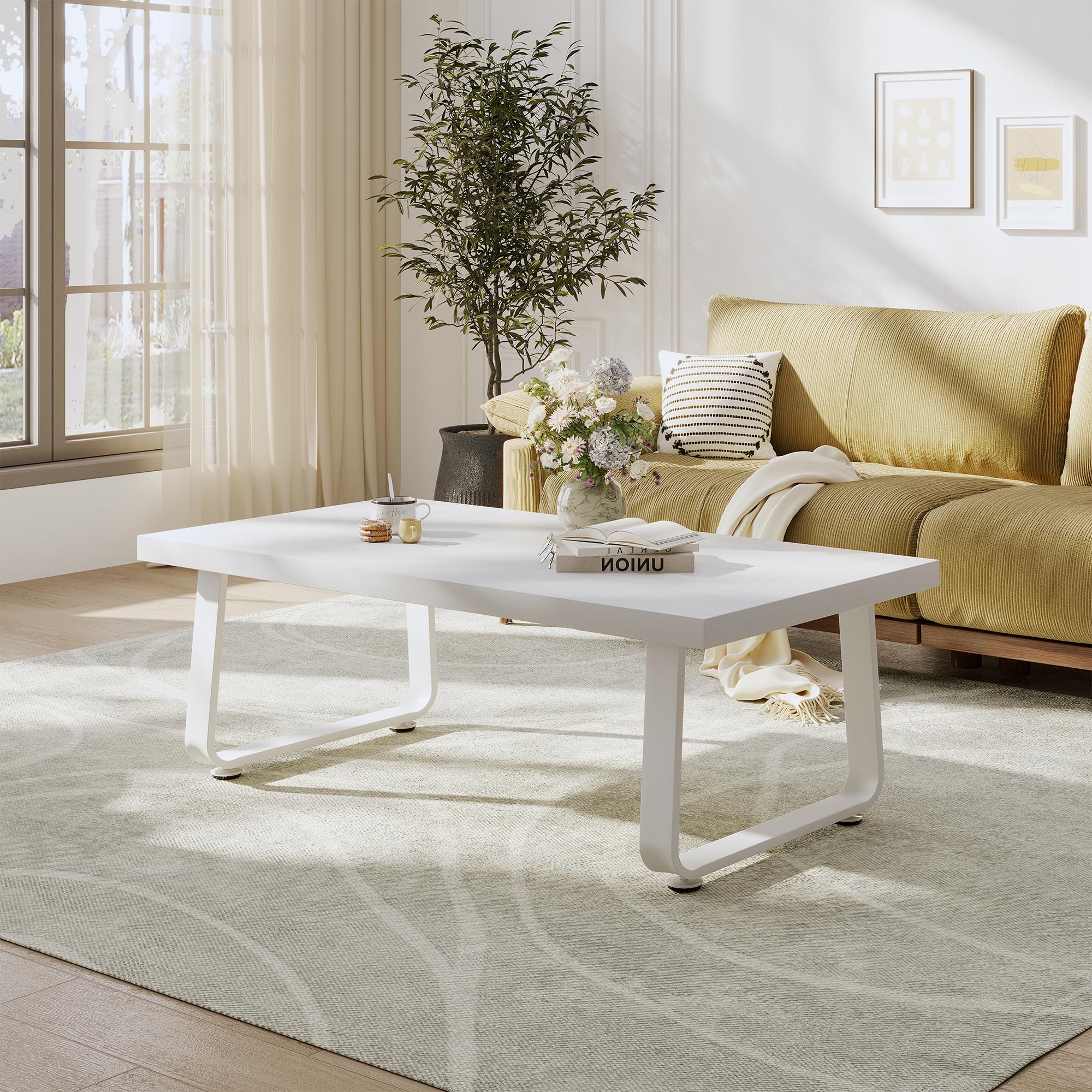 HSH Couchtisch Weiß, Wohnzimmertisch aus Holz Metallgestell, Sofatisch, Tisch, Beistelltisch, Kaffeetisch, Couchtisch Klein für Wohnzimmer, Teetisch aus Holz, Modern,Weiß 100B x 55T x 46.5H cm