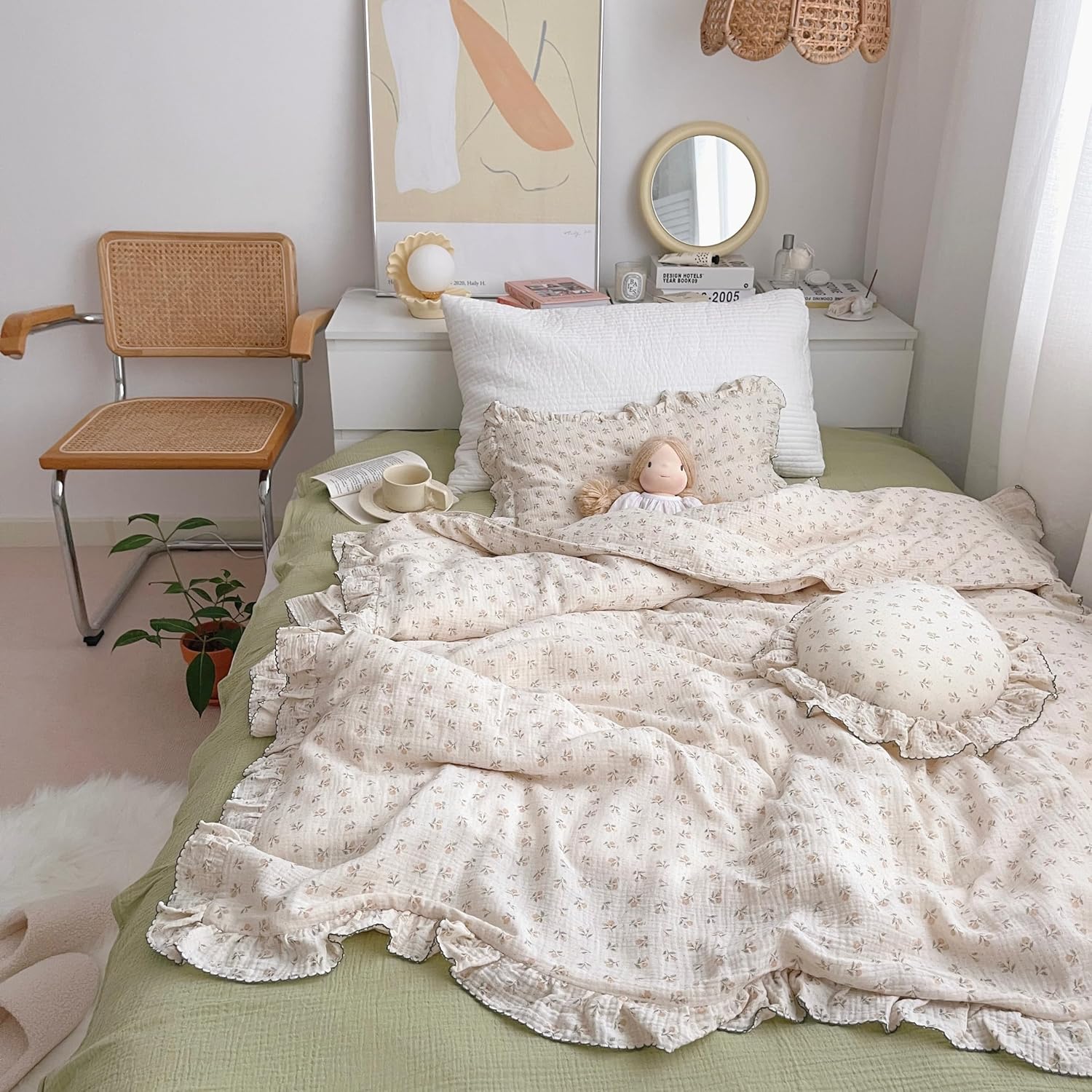 AOJIM Floral Print Kids Duvet Cover for Girls Boys, 2 Layer Muslin Cotton Baby Toddler Bedding Comforter Cover 59X79'', Ruffled Design Soft Crib Bed Duvet Protector 1pc, No Quilt or Pillowcases