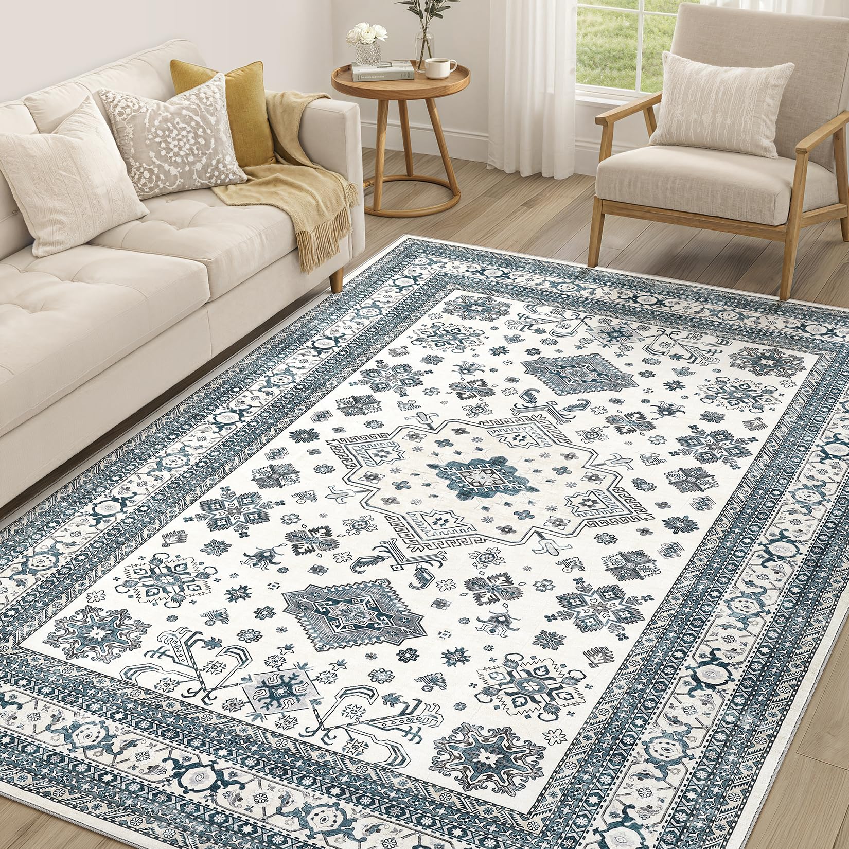 Vintage Living Room Area Rug 6x9 - Large Soft Washable Oriental Traditional Distressed Farmhouse Rugs for Bedroom - Indoor Floor Accent Carpet for Home Office House Decor - Powder Blue — image 1