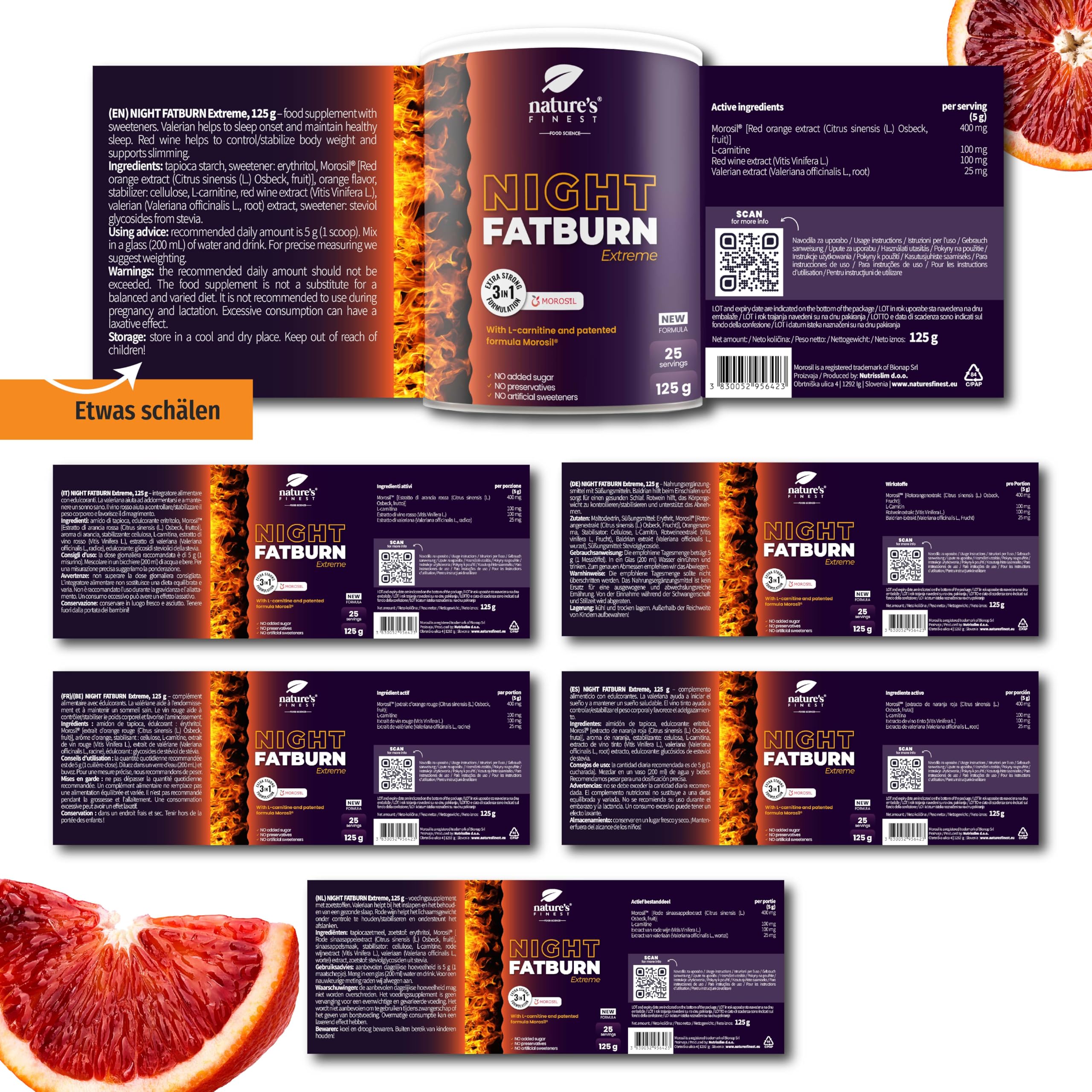Nature's Finest Night Burn Extreme, Trinkpulver 125 g | Mit Morosil (Rot-Orangenextrakt), L-Carnitin und Baldrian