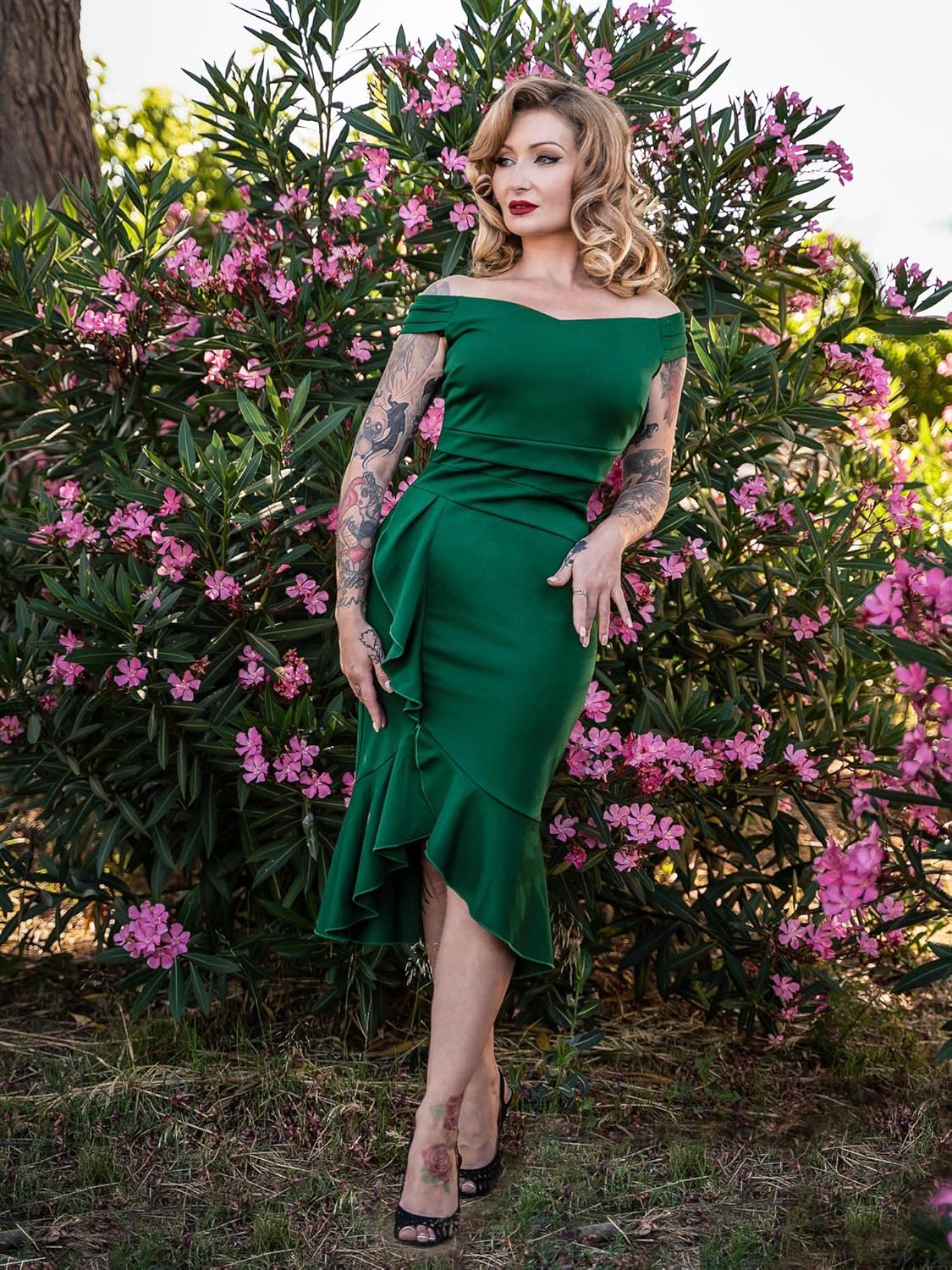 Knitee Women's Off Shoulder V-Neck Ruffle Pleat Waist Bodycon Evening Cocktail Slit Formal Dress - Image 3