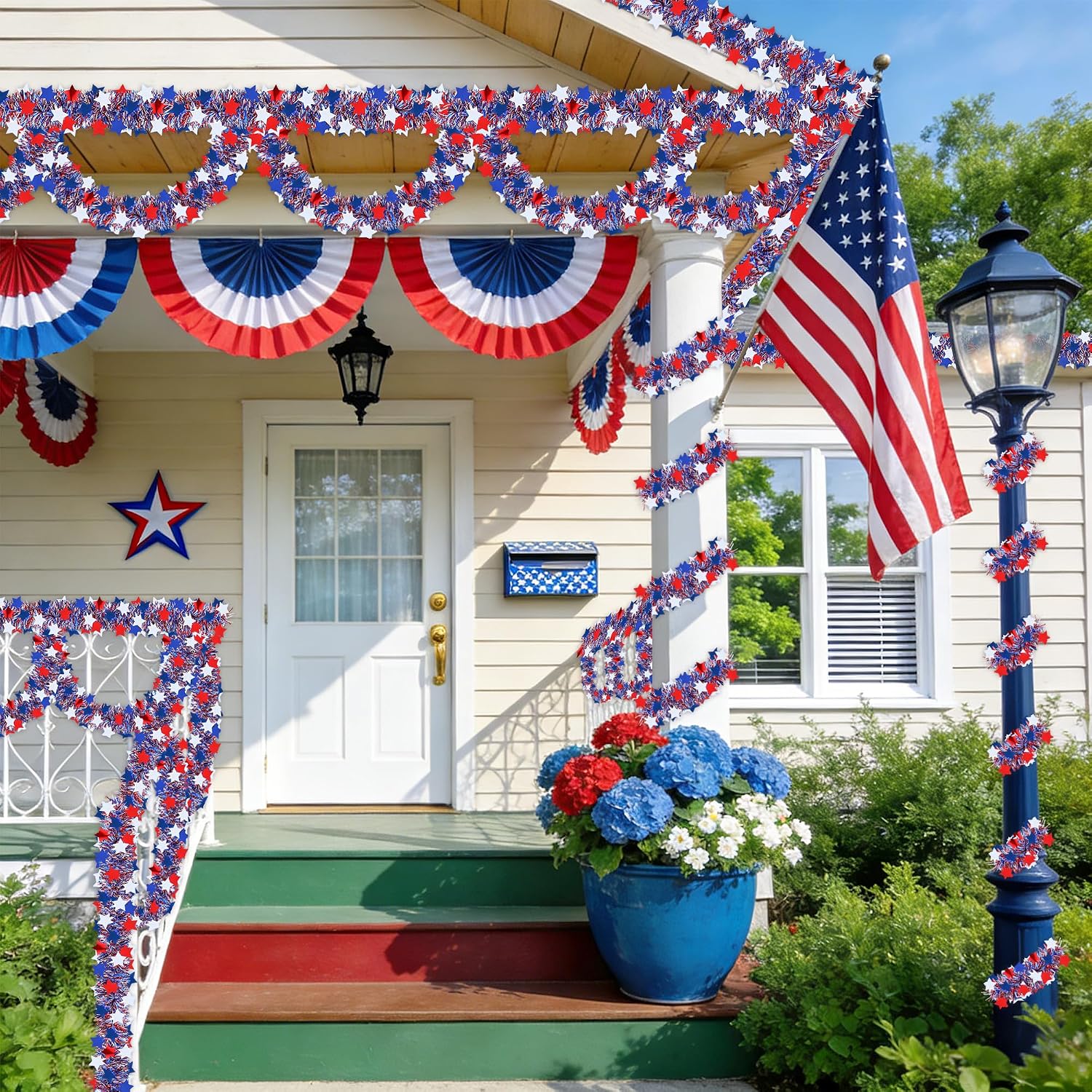 50FT 4th of July Garland,4th of July Decorations Metallic Twist Patriotic Star Tinsel Garland Red White and Blue Garland for Home Tree Parade Golf Cart Indoor Outdoor Memorial Day Independence Day