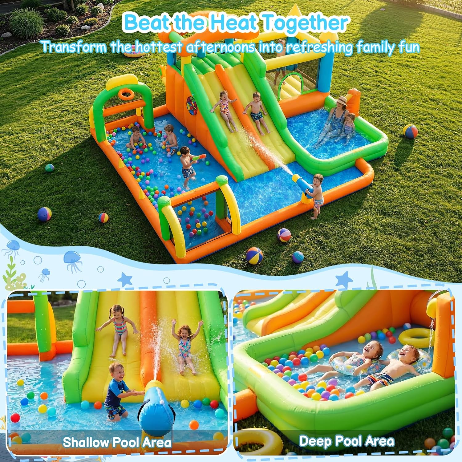 FOOING 10 in 1 Bounce House, Inflatable Water Slide Bounce House with Dual Slides, Climbing Wall, Basketball Hoop, Water Cannons, Splash Pools, Wet Dry, 950W Blower, Backyard Water Park for Kids 3-10