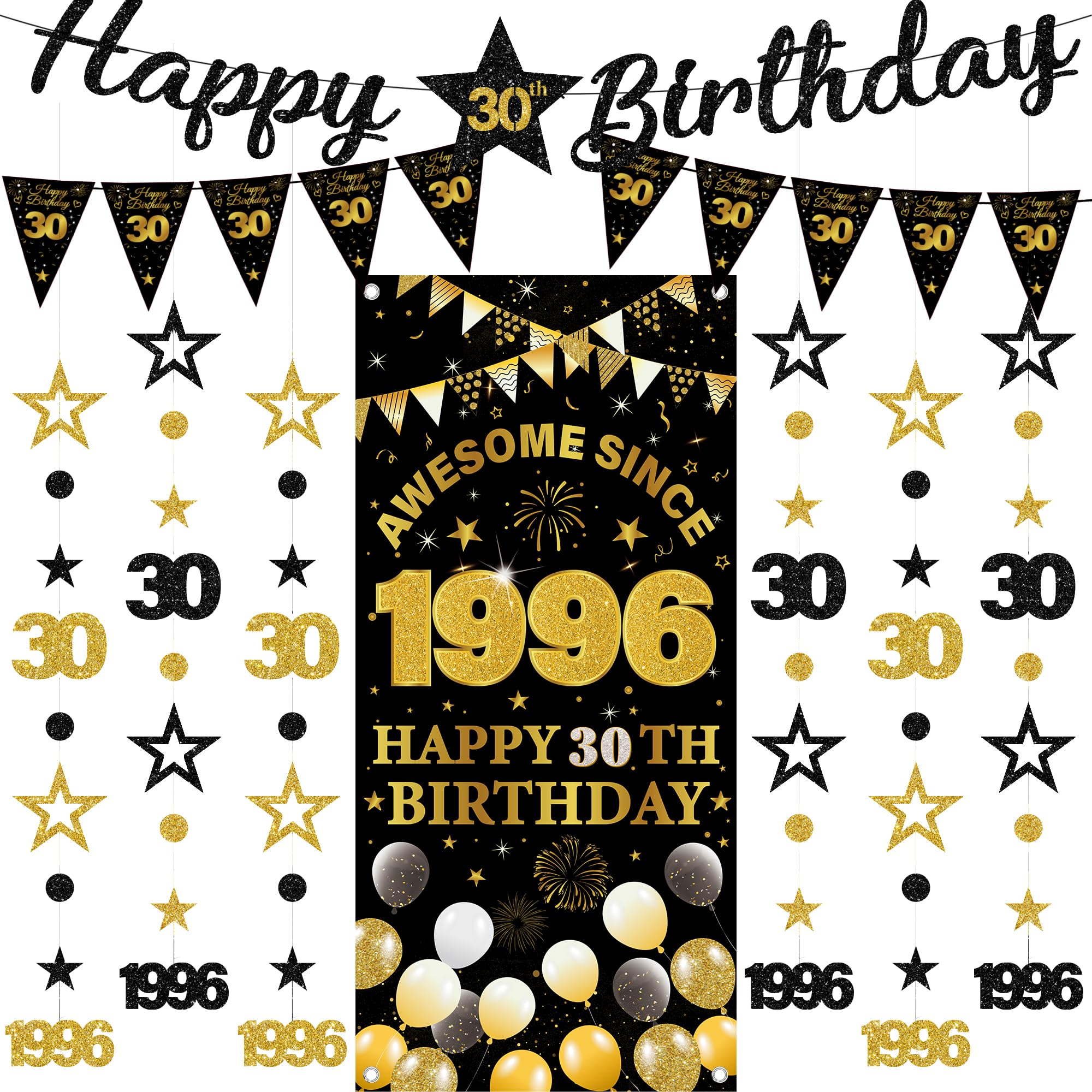 30th Birthday Decorations Banner Garland - 9 Pcs Black Gold Happy Birthday Banner Awesome Since 1996 Curtain Twinkle Star Dot Hanging Streamer Pennant for Women Men 30 Years Old Party Decor Supplies