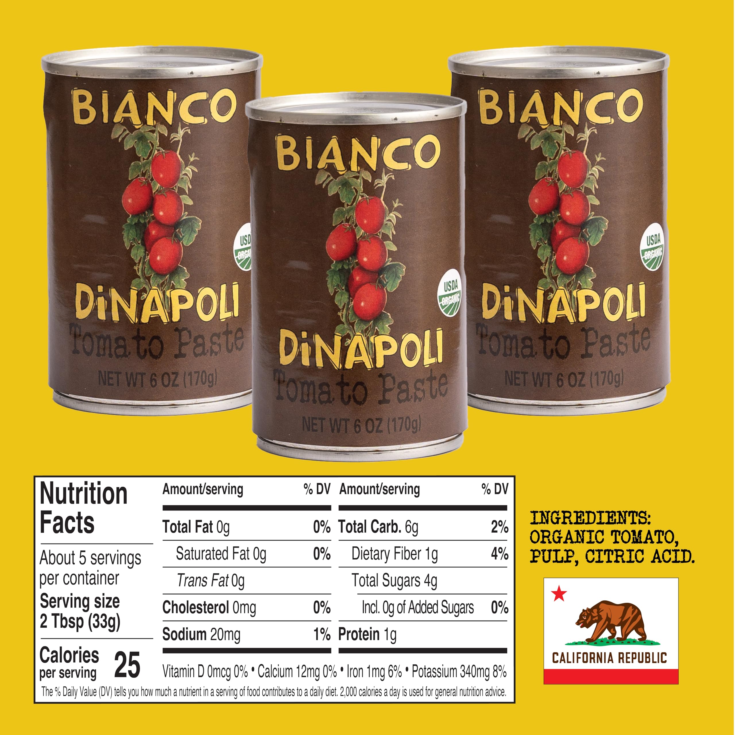 Bianco DiNapoli Organic Tomato Paste, 6 Oz (Pack of 12), Vine Ripened California Grown Tomatoes, Canned Tomato Paste for Soups, Sauces, Pasta and More