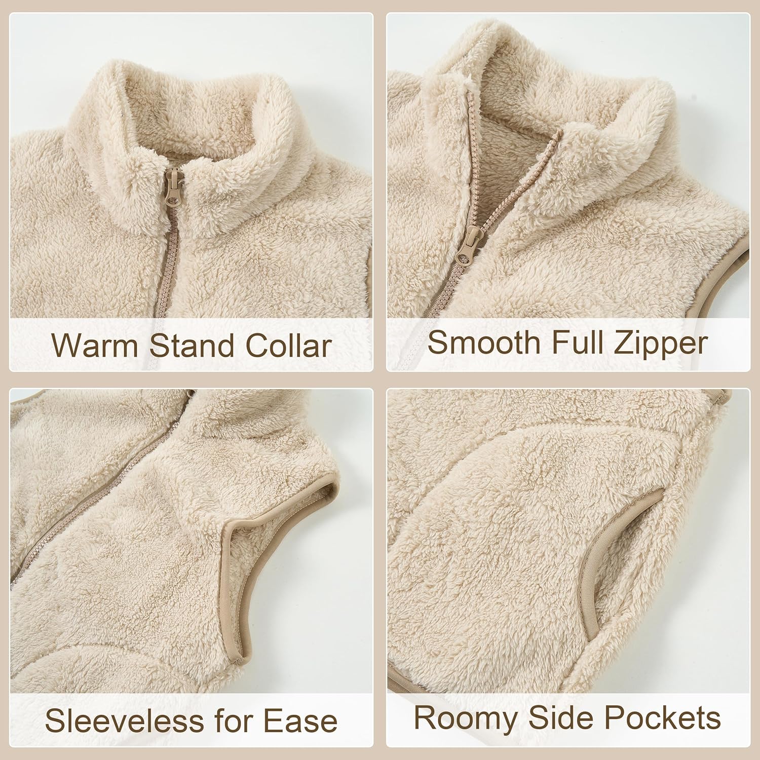 Rolanko Girls Sherpa Fleece Vest, Warm Fuzzy Full Zip Sleeveless Jacket Kids Soft Cozy Outerwear with Pockets - Image 5