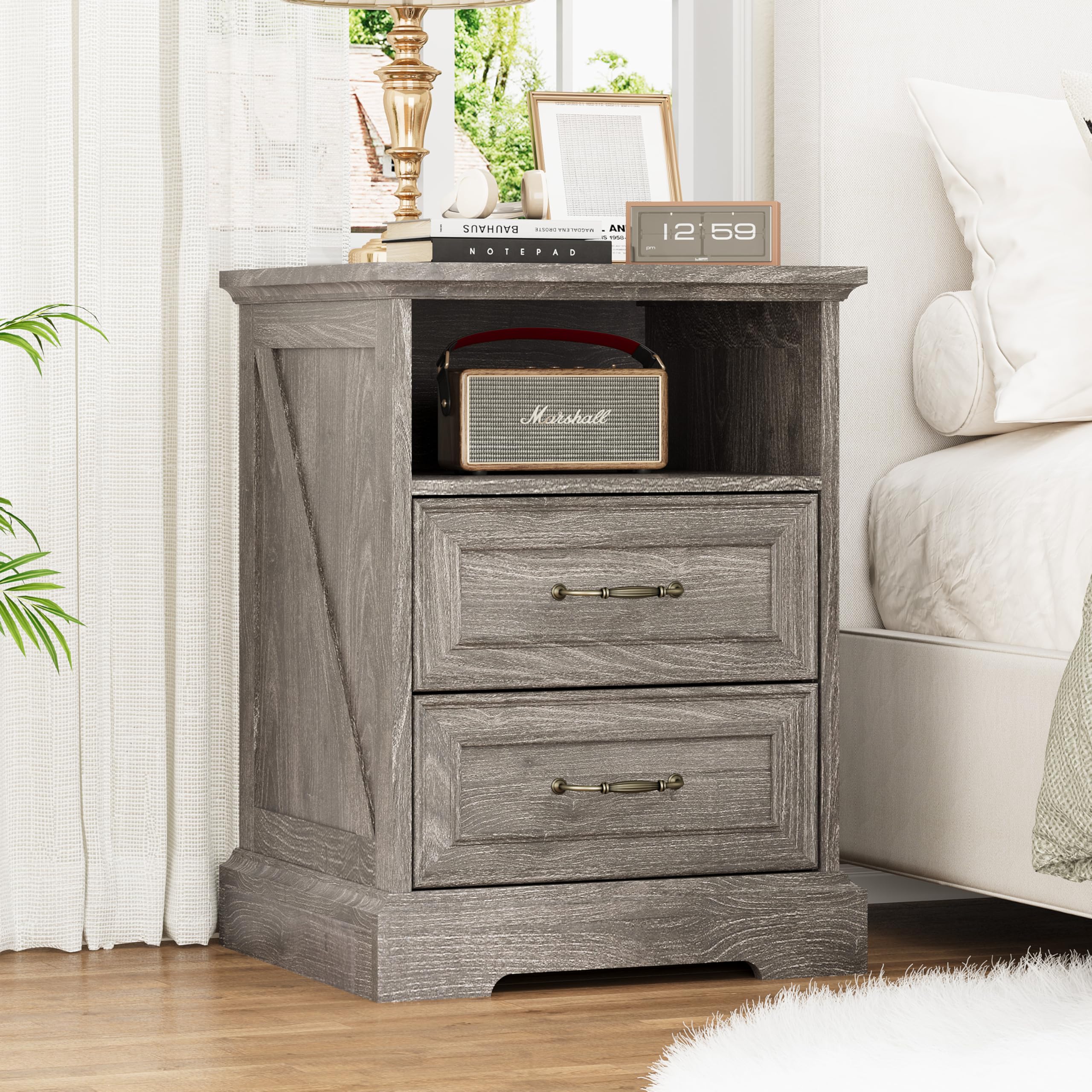 Amazon.com: Nightstand with Charging Station,18" Wide End Table with 2  Large Drawers & Metal Handles,Rustic Farmhouse Wood Small Dresser,Bedside  Table,Modern Chest of Drawers for Bedroom,Living Room,Dark Grey : Home &  Kitchen