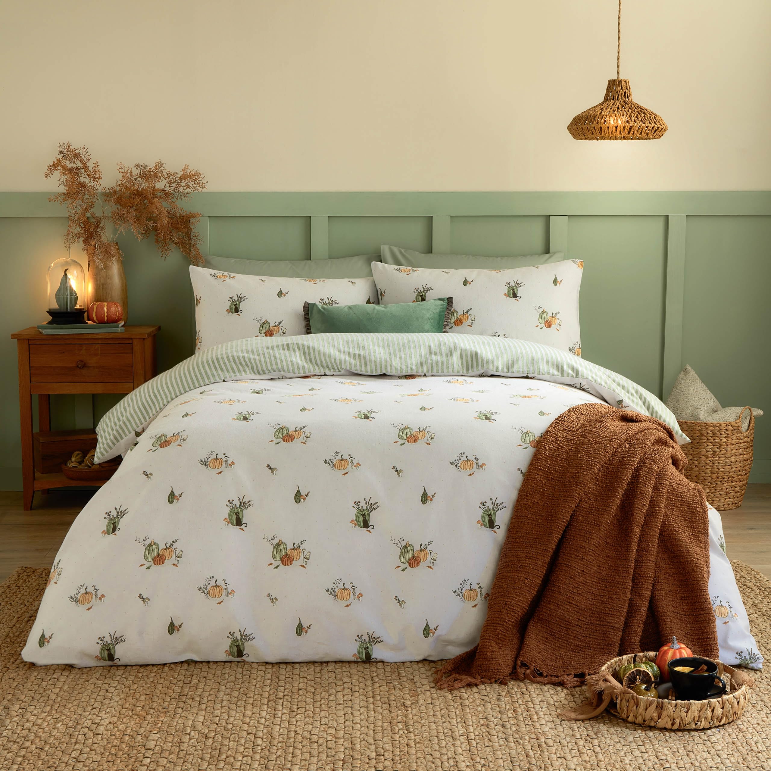 Wylder Pumpkin Spice - Set copripiumino reversibile in cotone spazzolato, design autunnale (bianco, king size)