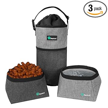 PetAmi Pet Food Travel Bag & Dog Bowls - Collapsible Dog Food Container for Kibble and Water | Waterproof Portable Pet Storage for Camping Hiking Backpacking Pet Travel Gear Kit (Heather Gray)
