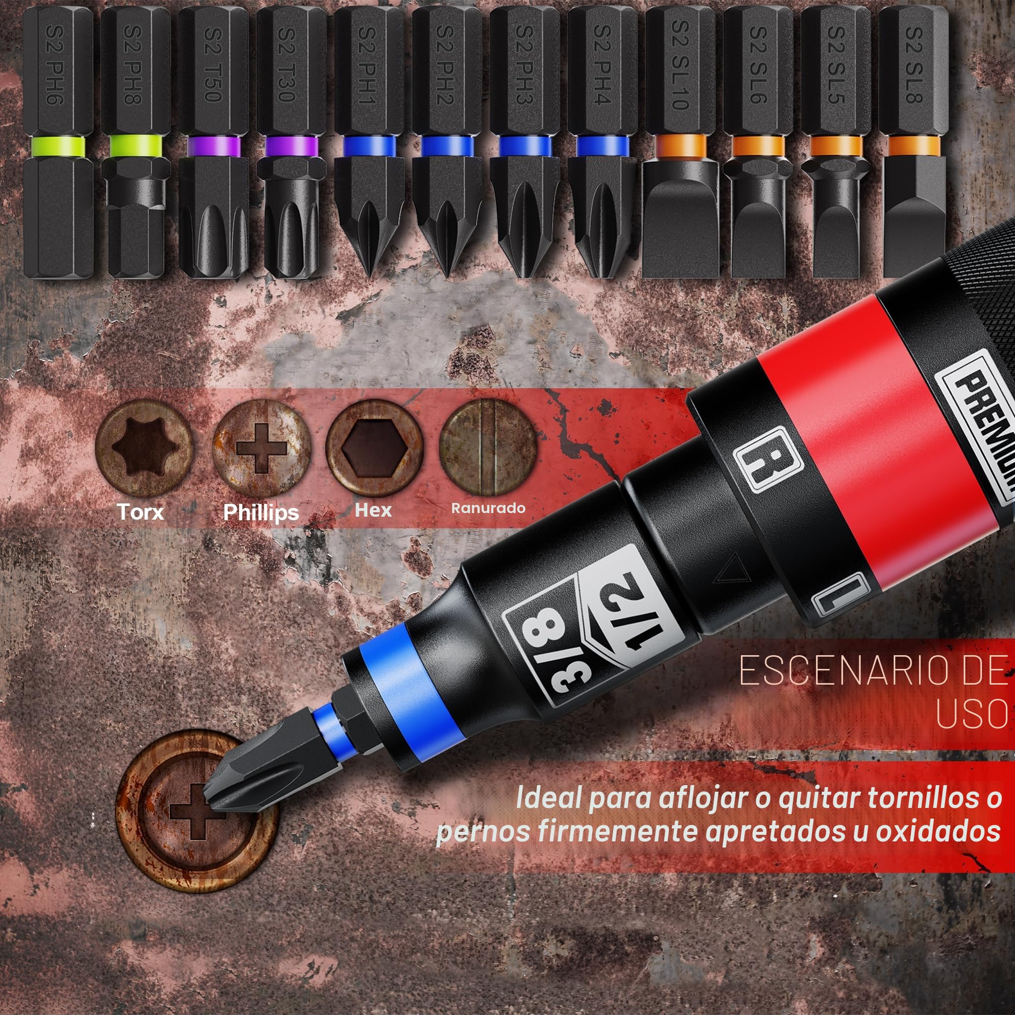 Juego de Destornilladores de Impacto Manual de 1/2 Pulgadas, Herramientas de Reparación, Juego de Desatornillador, Extracción de Tuercas y Tornillos Oxidados, 13 piezas