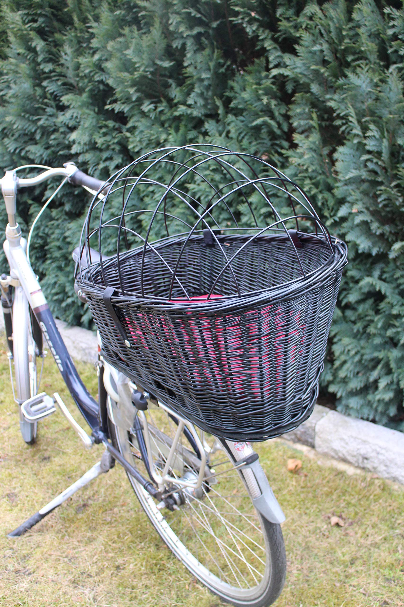 Panier de vélo pour chien - En osier - Avec grille en métal et coussin - Noir - Taille XL ou XXL - Panier de porte-bagages