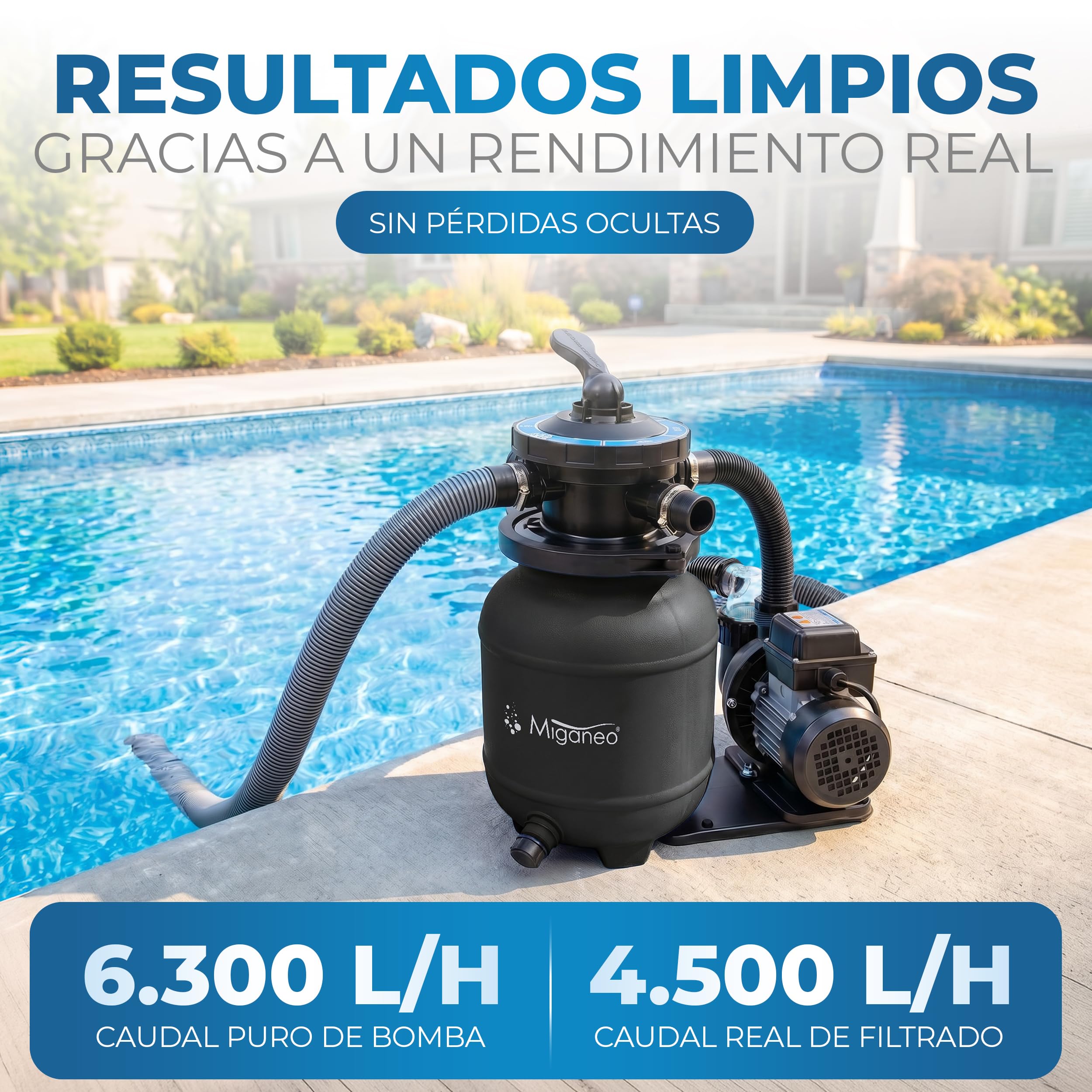 Miganeo® Speed Clean 7000 filtro de arena con temporizador para piscinas de hasta 22 m³ autoaspirante (Negro, Azul, Plata), negro
