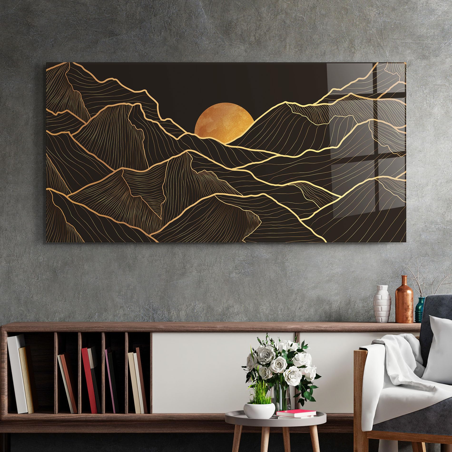 ARTHUB® Moderne impression sur verre 60x150 cm, 4mm verre trempé | Tableau en verre salon et chambre, Décoration murale moderne, Décoration intérieure, paysages, Black Gold Mountains
