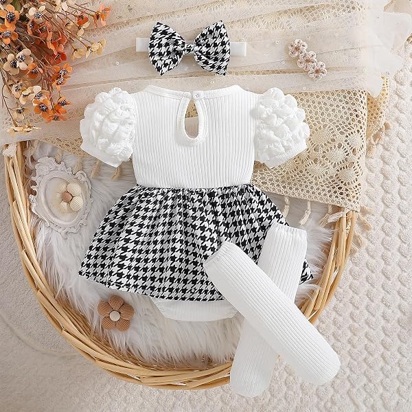 Grenouillère pour bébé fille motif pied-de-poule avec jupe à nœud et bandeau et collants pour nouveau-né - 2