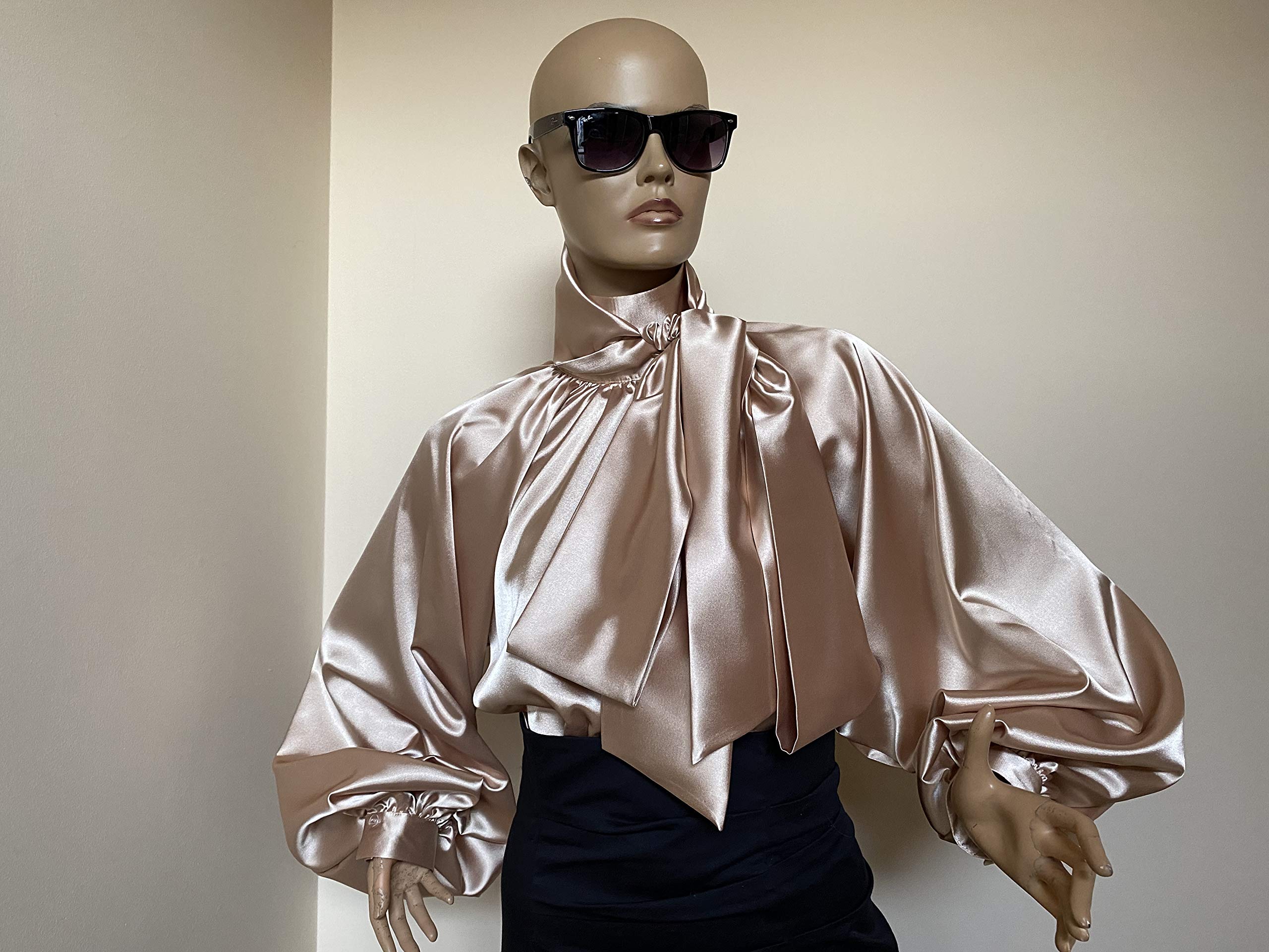 Rose gold Satin Pussy Bow Blouse with Victorian Collar and Puffy sleeves