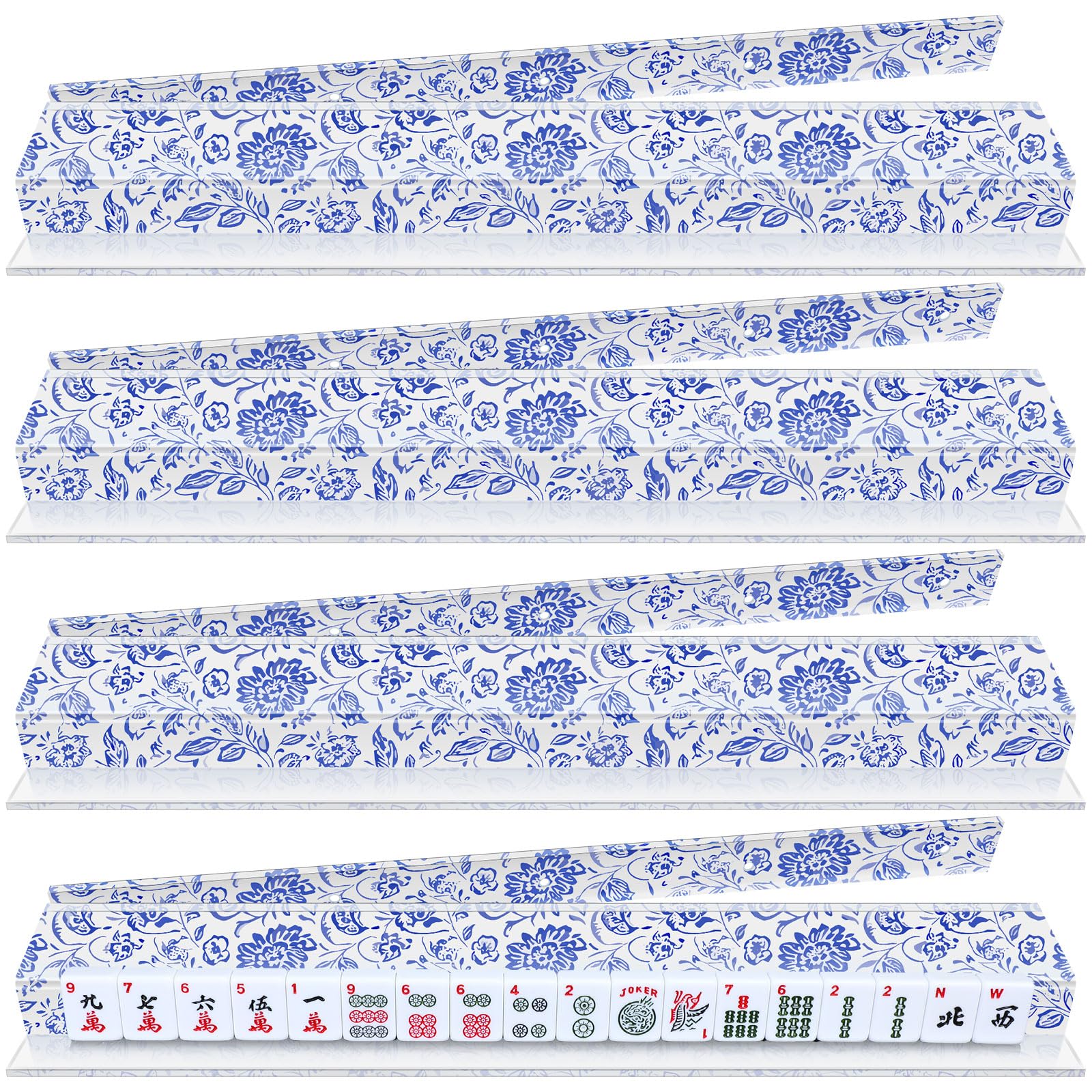 Photo 1 of LaRandom 4 Pack Magnetic Chinoiserie Mahjong Tile Racks with Removable Acrylic Pushers, 18.5 Inch Length American Mahjong Racks Holders with Pattern, Fits All Tile Sets (Blue Floral)