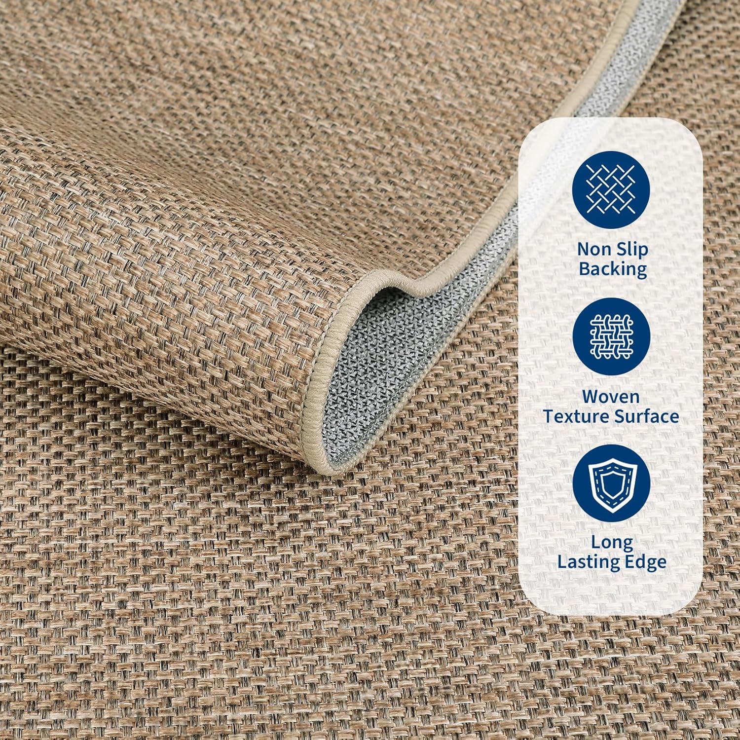 Easy Jute Rug 8x10 Washable Indoor Outdoor Rugs Non Slip Stain Resistant Modern Neutral Patio Throw Carpets Solid Tan Contemporary Area Rugs for Porch Kitchen Bedroom Living Room Backyard, Tan
