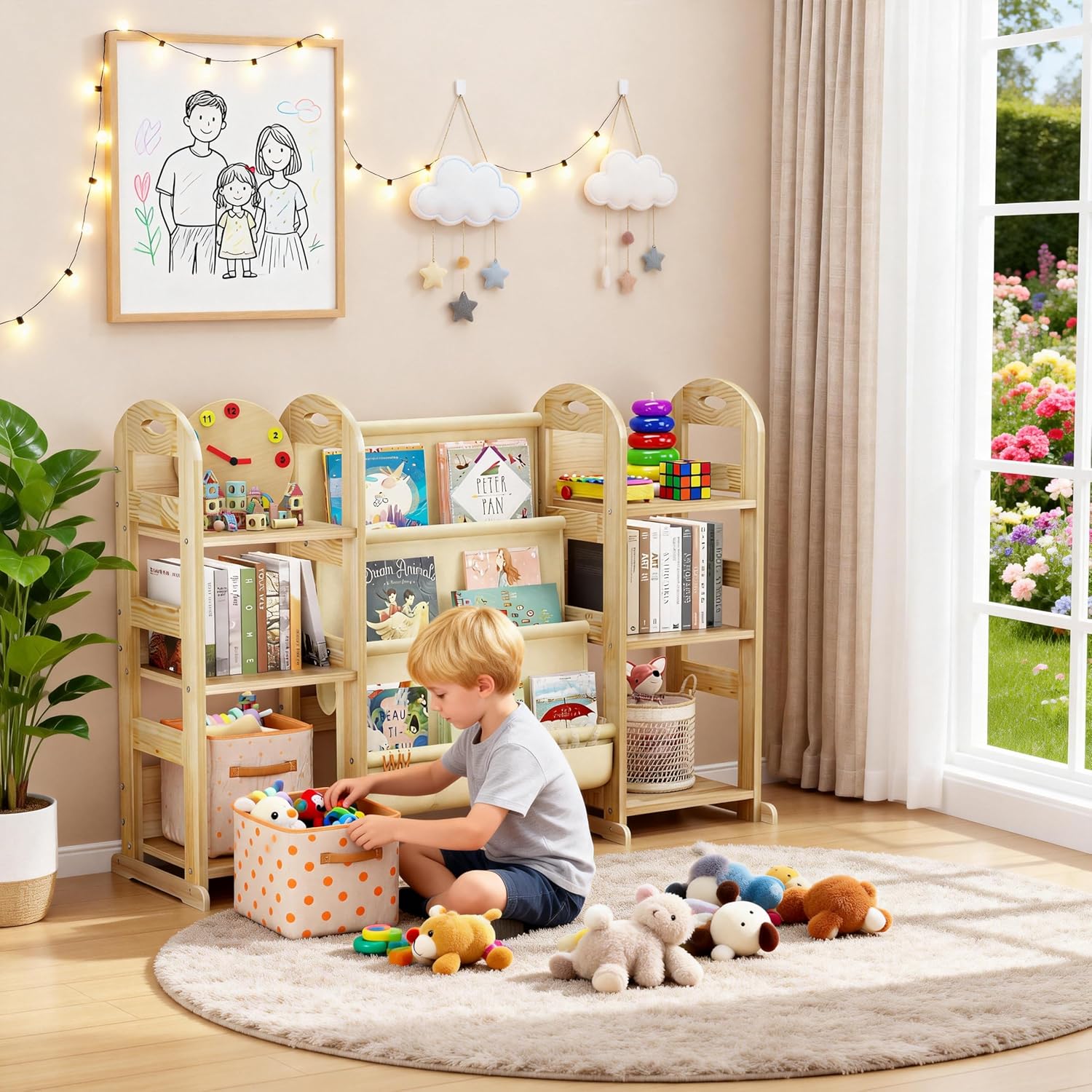Kids Bookshelf and Toy Storage Organizer, Large 3 Tier Wooden Kids Book Shelf with Sling Book Rack for Kids Room, Nursery, Playroom
