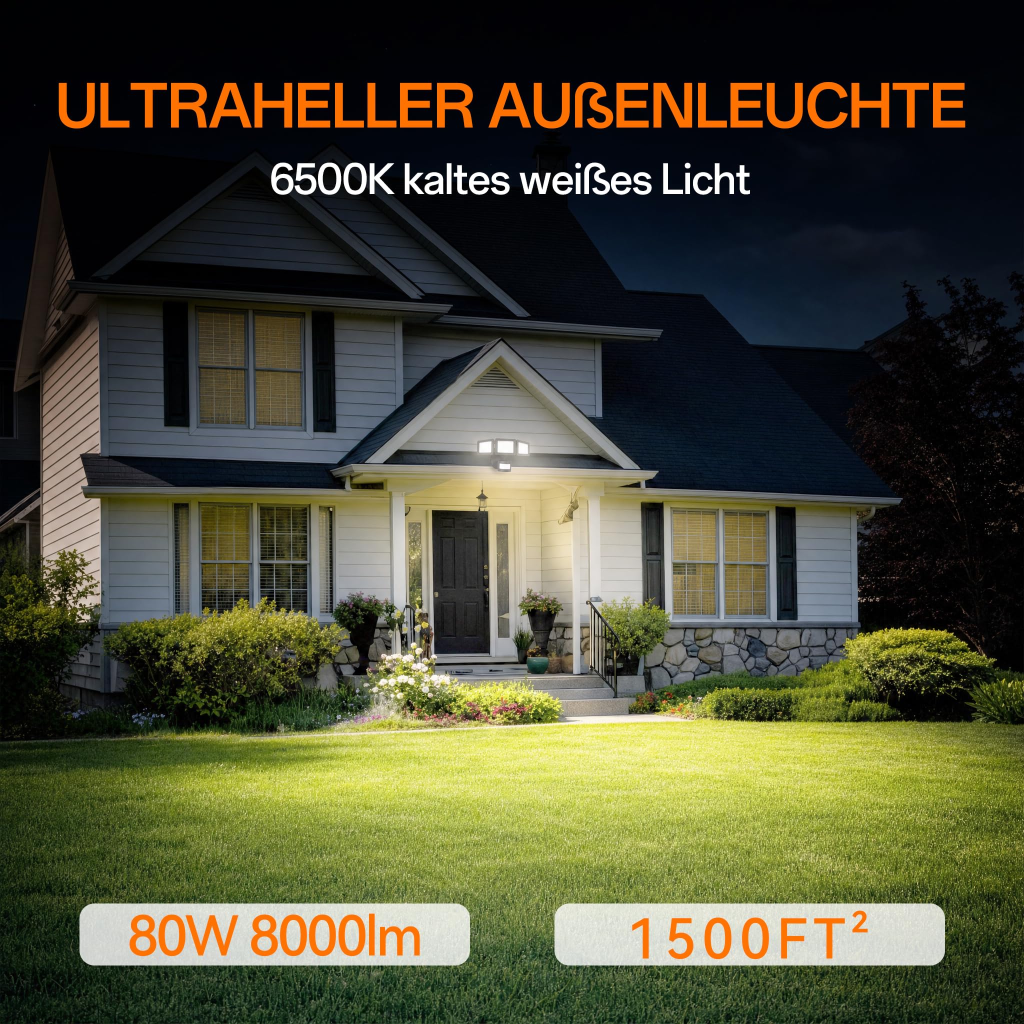 80W LED Strahler mit Bewegungsmelder Außen, 8000lm Außenlampe mit Bewegungsmelder, 6500K Kaltweiß Dämmerungssensor Aluminium, IP66 Aussenlampe für Garten Garage Hof Wohnen Hinterhof.