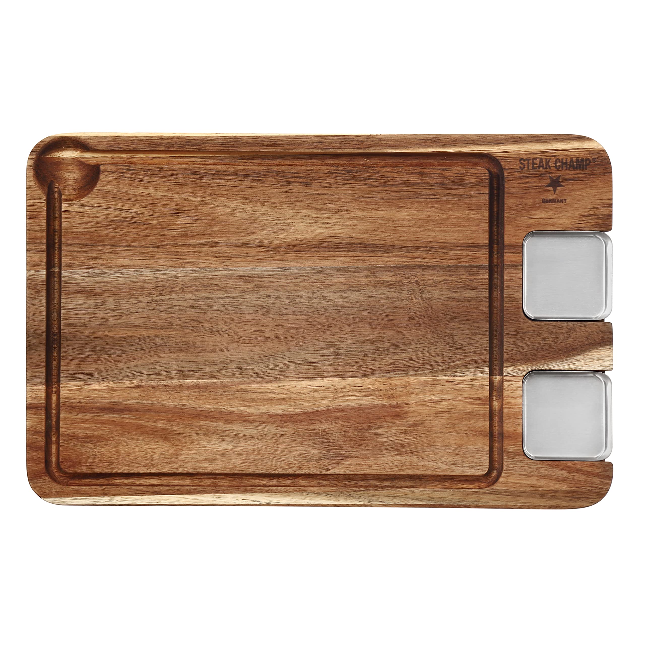 Steakchamp, Premium tavola da pranzo con salsiera, tavola da pranzo in acacia con salsiera in acciaio inossidabile e scanalatura per il succo, 42 cm x 27 cm