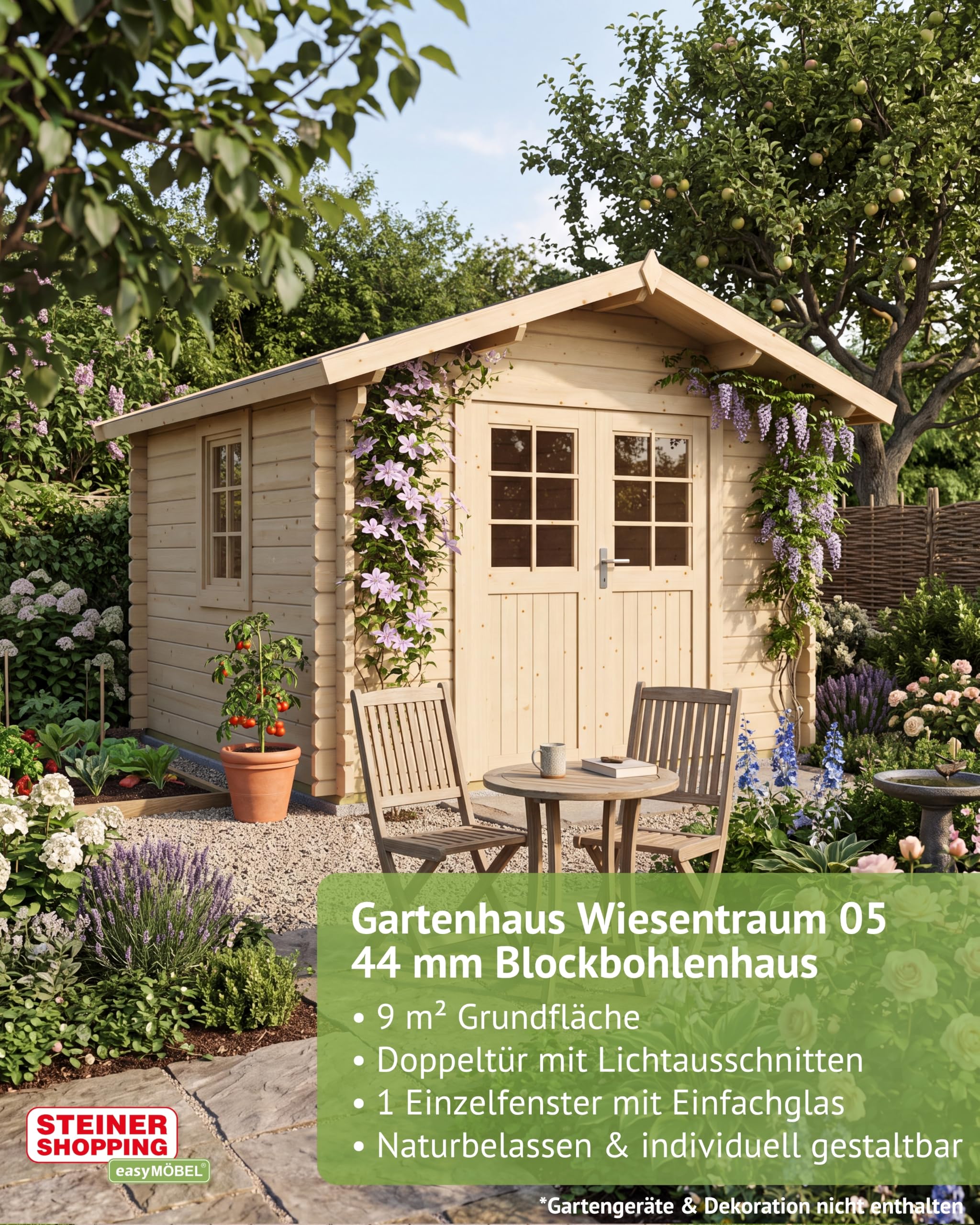 Steiner Shopping Gartenhaus Wiesentraum 05 I 44 mm Blockbohlenhaus aus naturbelassenem Holz I Außenmaß 320 x 342 cm I Gartenhaus mit Satteldach, Doppeltür & Einzelfenster