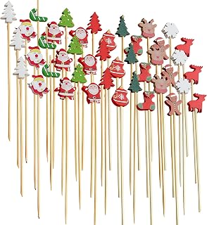 100PCS Christmas Cocktail Toothpicks, Handmade Bamboo Fruit Skewers with Santa, Christmas Tree, Stocking & Gingerbread Man Designs, 12cm Appetizer Picks for Party Decorations & Holiday Snacks