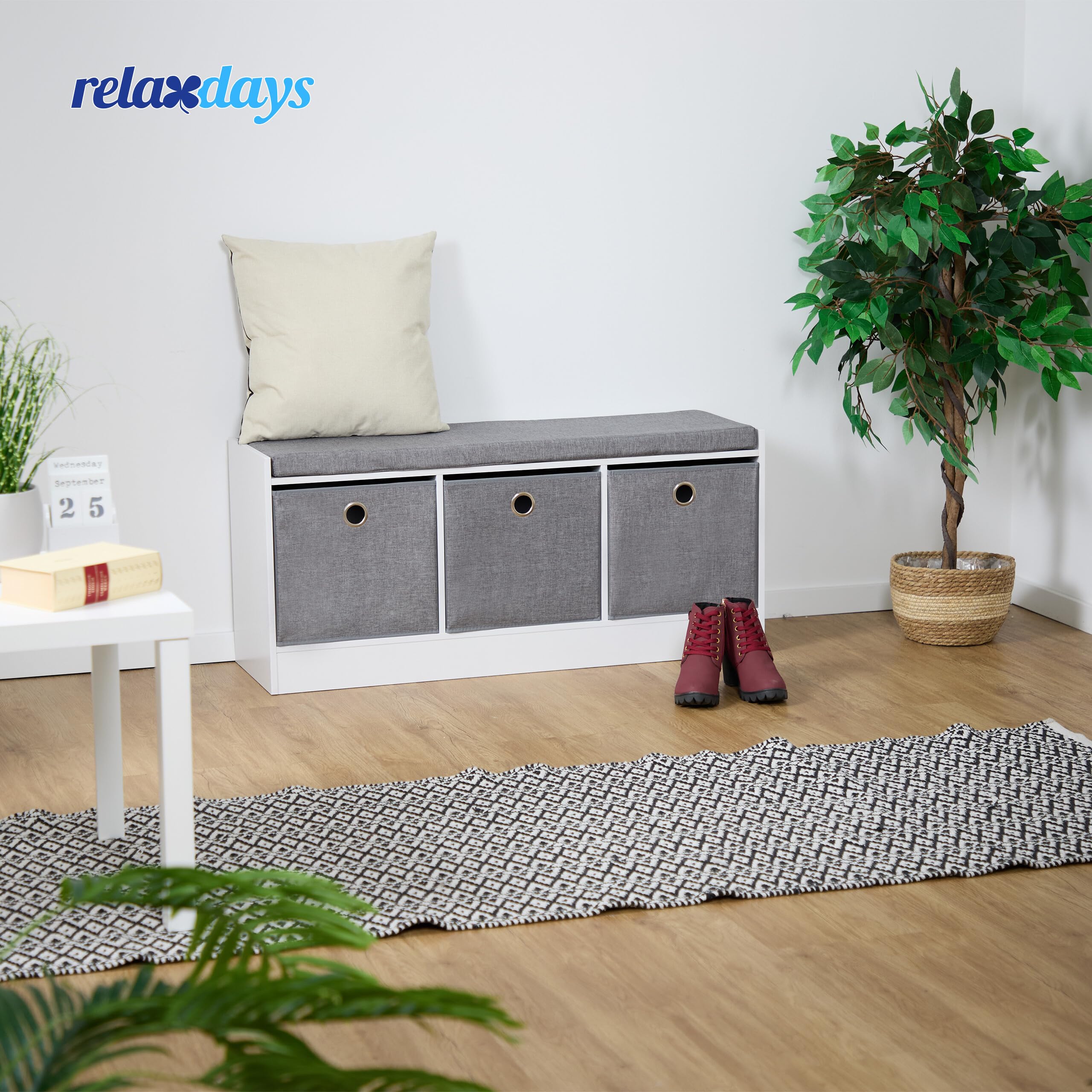 Relaxdays Sitzbank, Polsterbank mit 3 Stoff-Schubladen, HxBxT: 46 x 102 x 32 cm, MDF, Aufbewahrungsbank, weiß/grau