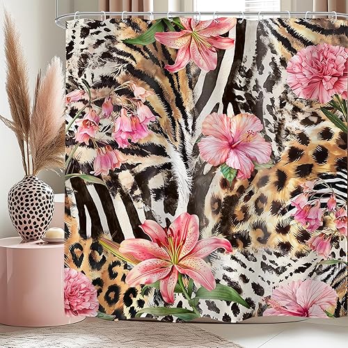 Miniatura 29 de LIGHTINHOME Cortina de ducha con estampado de leopardo, 72 pulgadas de ancho x 72 pulgadas de alto, diseño retro rojo de cerezo, negro y marrón,
