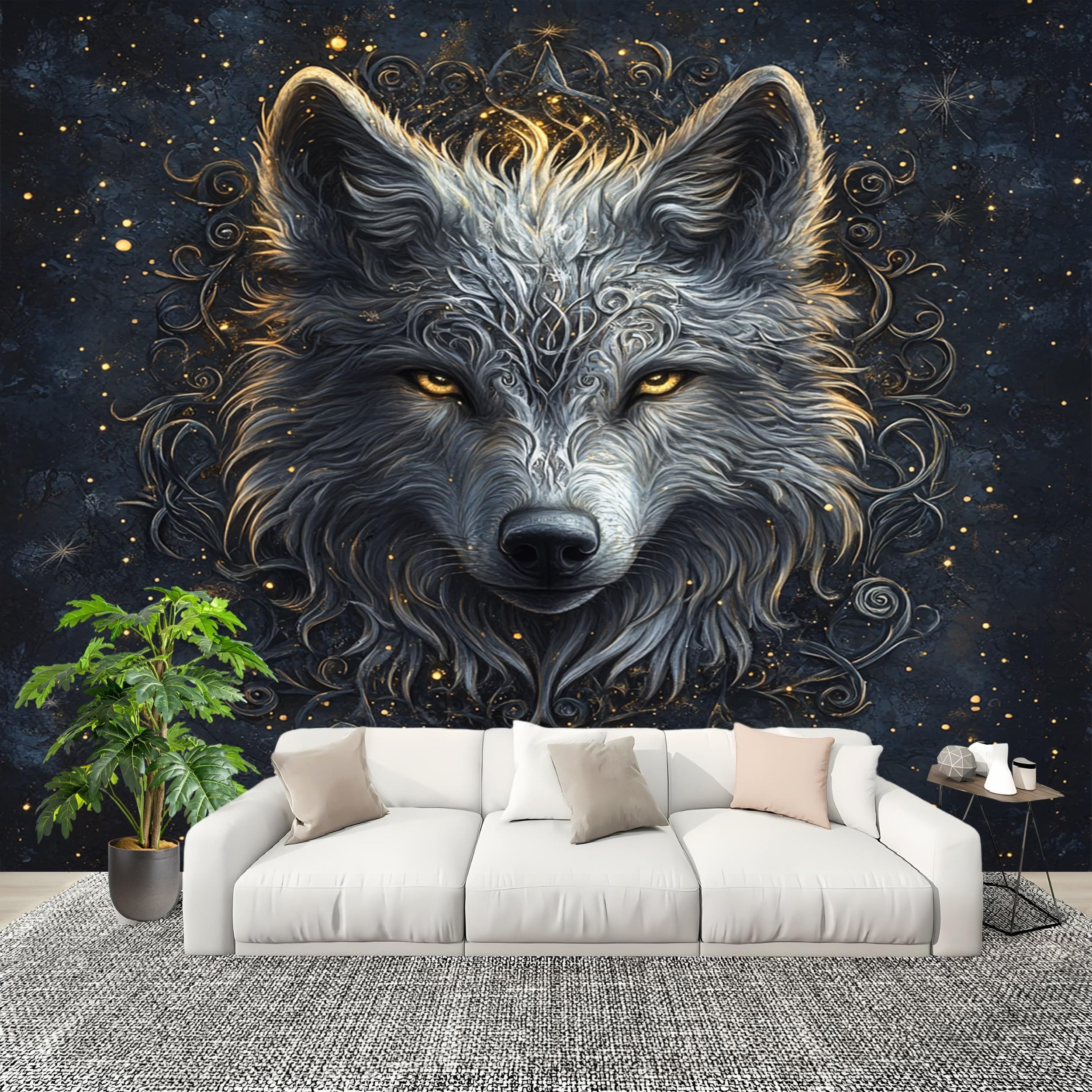 Dekoracja 3D, obraz ścienny, fantazja, głowa wilka, fototapeta, włóknina, druk artystyczny, czarny, dekoracja ścienna, ściana do salonu, jadalni, sypialni, mieszkania, obrazy ścienne 400 x 280 cm