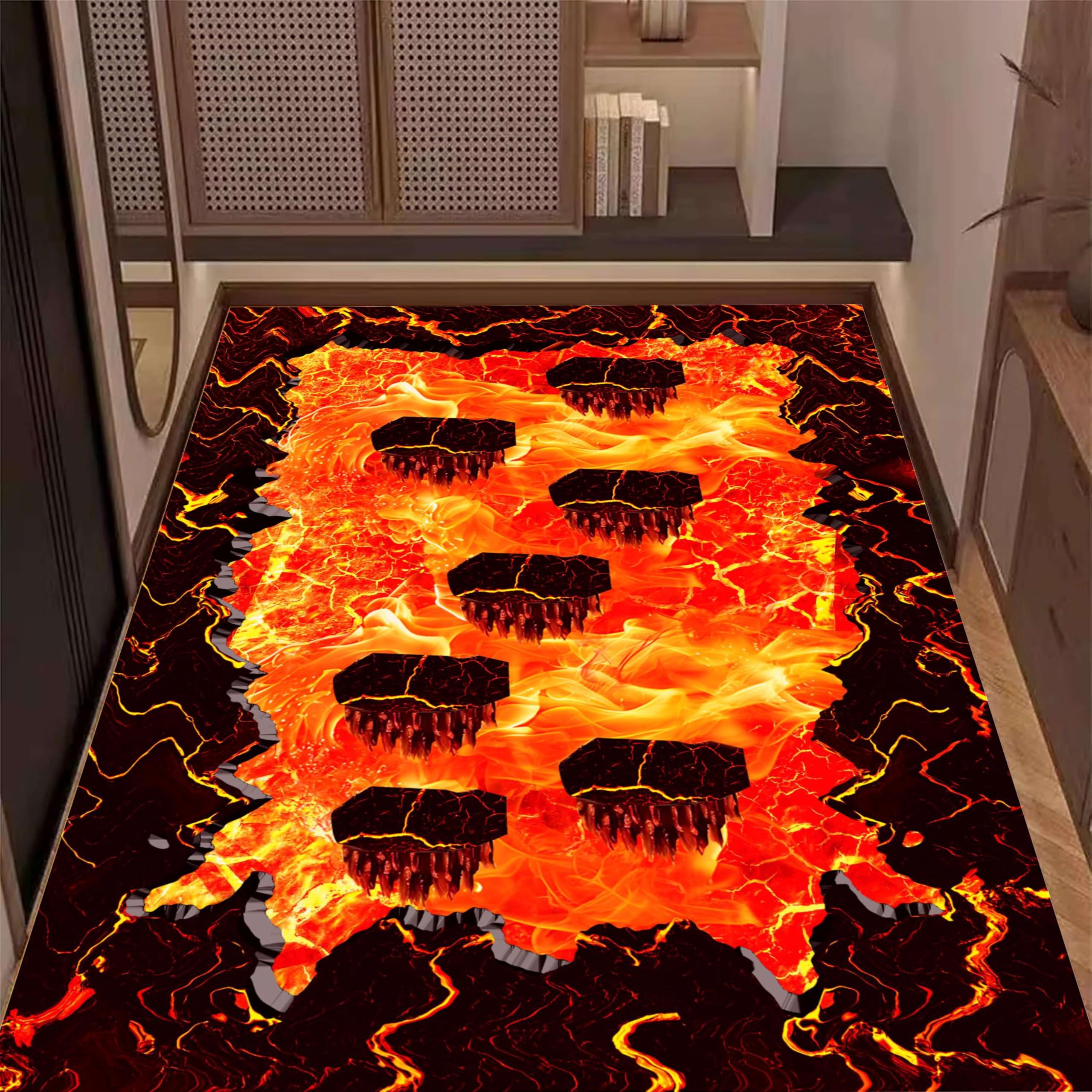 LHOMKCV Lava Illusion Area Rug, 70x140cm, 3D Magma Island Bedroom Entrance Living Room Boys Room Carpet Washable Home Decor Rugs Durable Safe Rubber Bottom Floor Mat Gift for Kids Teens Adult