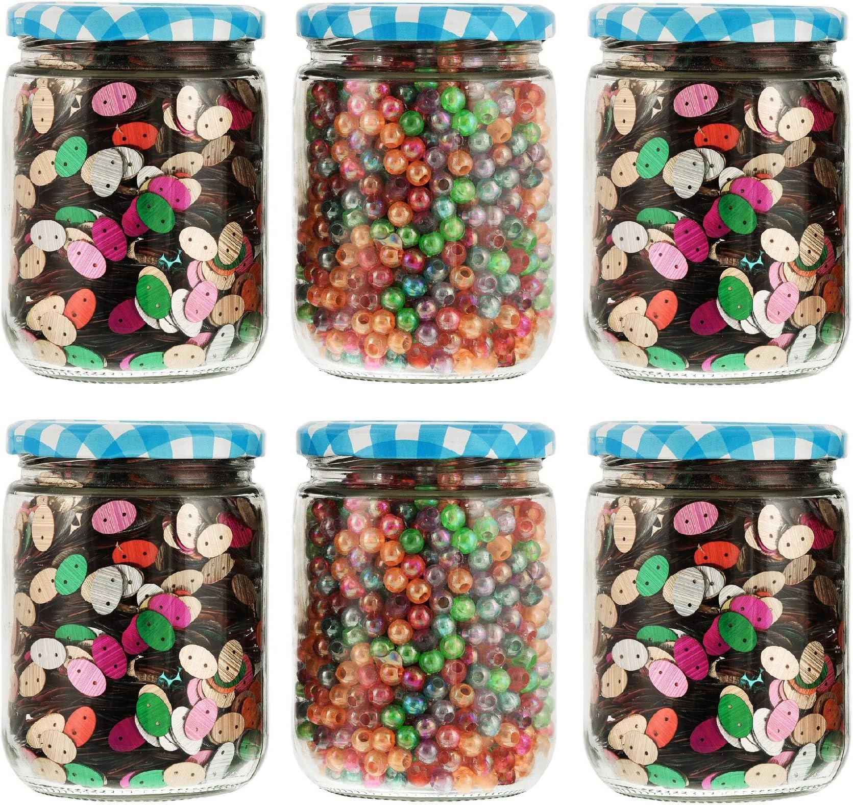 Machak Glass Jars For Kitchen Storage 500ml, Airtight, Blue Check Lids (6 Pieces)