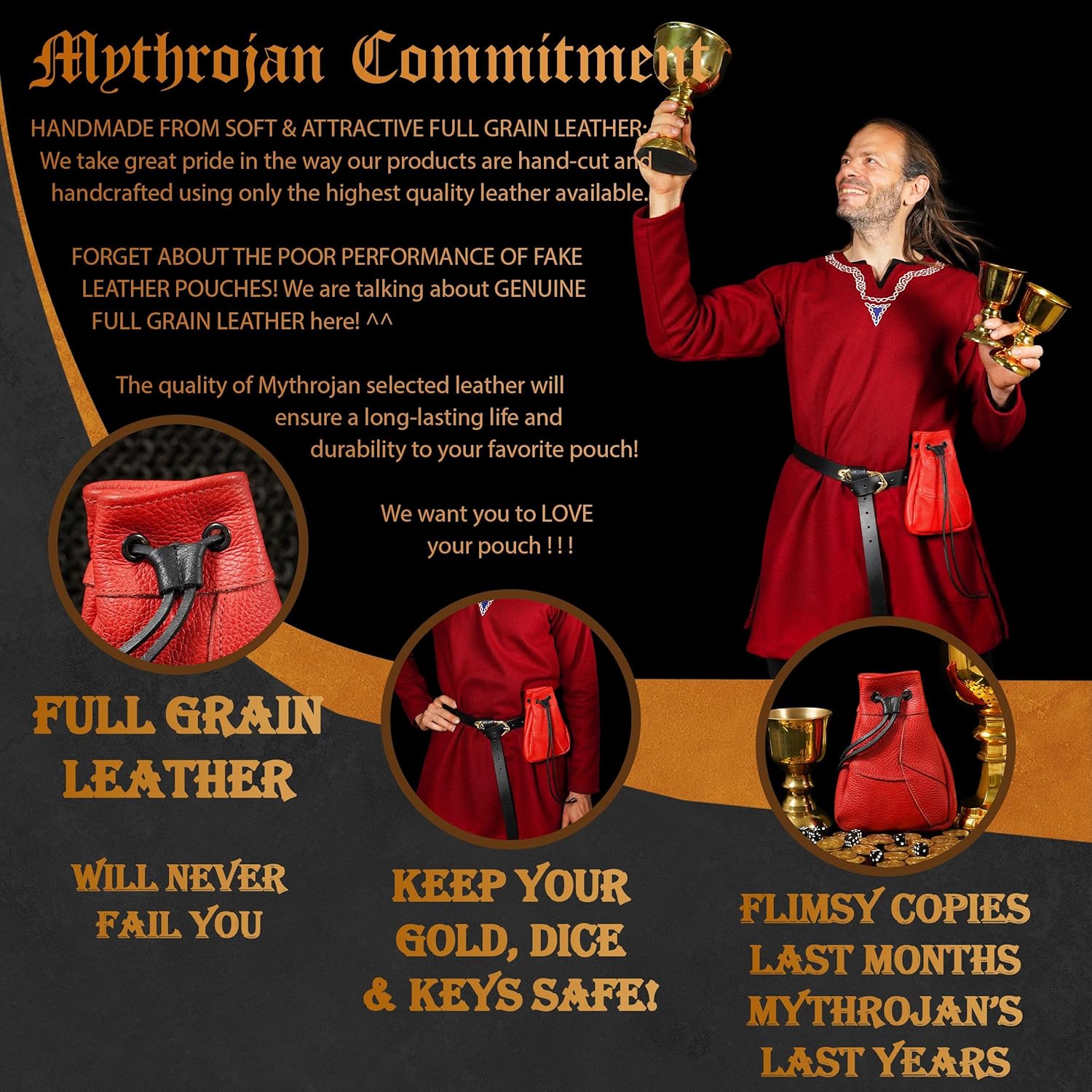 Mythrojan Renaissance Waist Bag – Large Leather Belt Pouch for Coins & Runes – Medieval Fanny Pack 7"x5" - Image 4