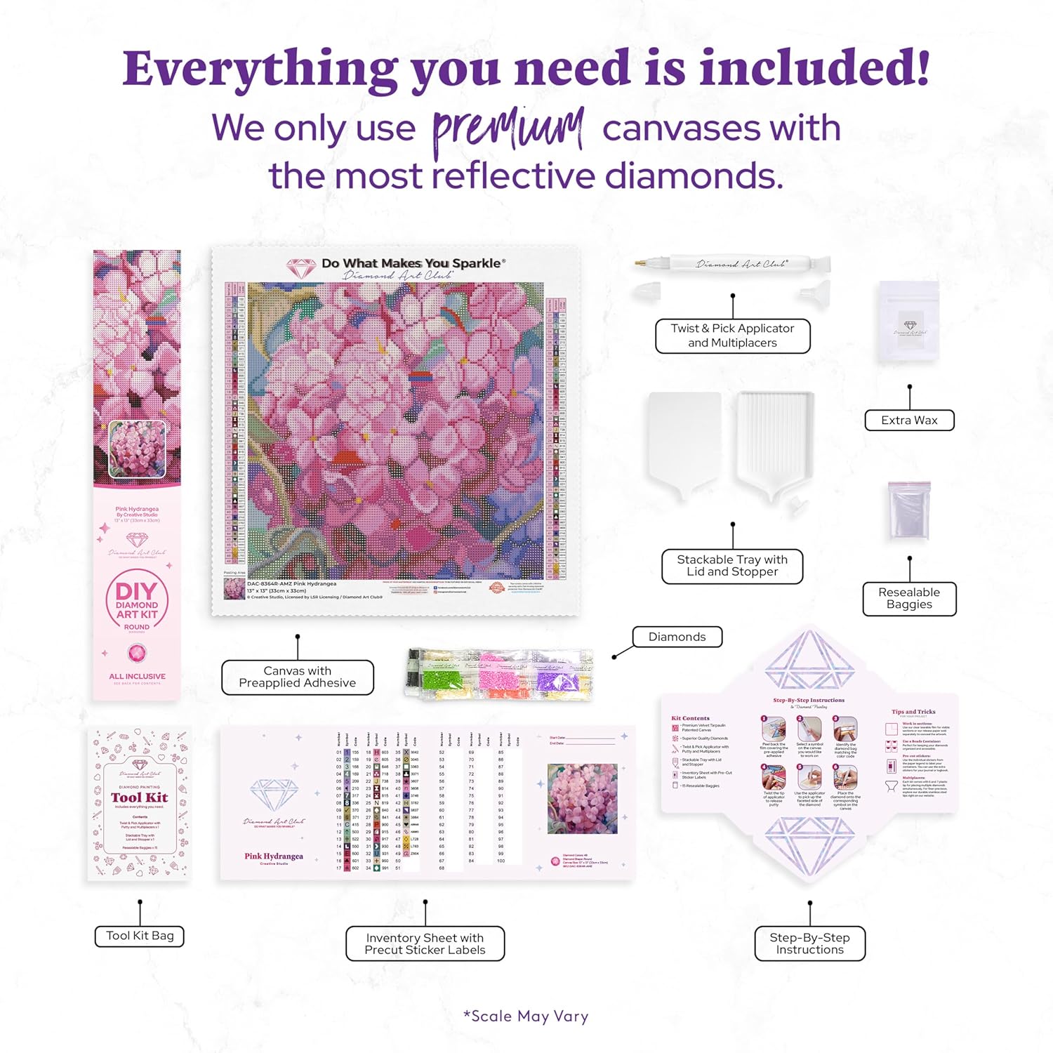 DIAMOND ART CLUB Pink Hydrangea Diamond Painting Kit, Fun DIY Crafts for Adults, Round Diamond Art Canvas, 13" x 13" (33 cm x 33 cm)