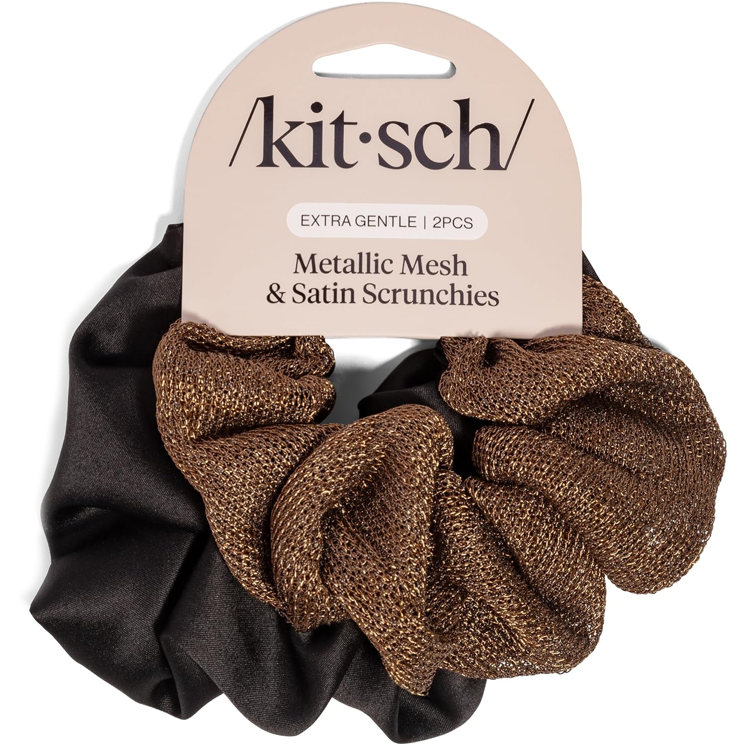 Kitsch Metallic Mesh & Satin Scrunchies For Women - Recycled Fabric Hair Ties for Secure Hold, Comfortable Wear | Softer Than Silk Scrunchies For All Hair Types - Black & Chocolate, 2pcs