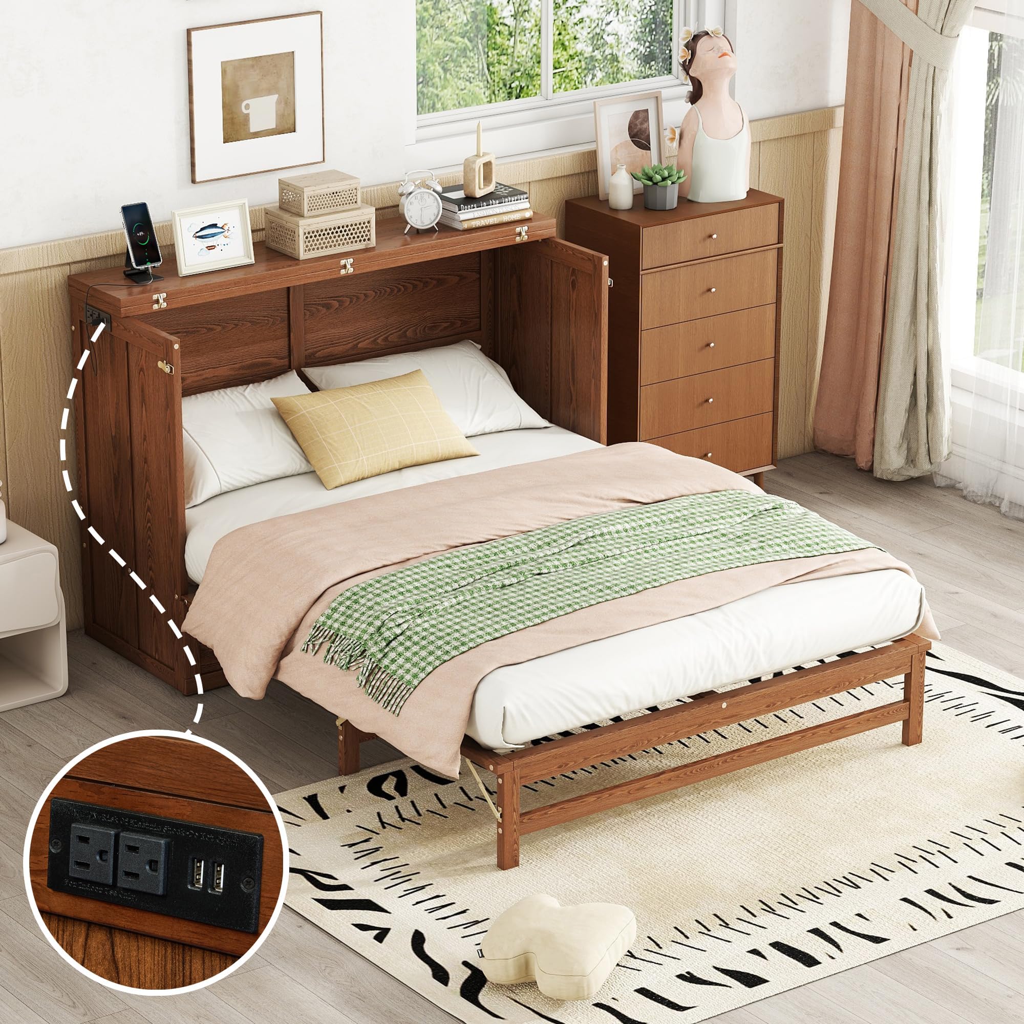 Full Murphy Bed Cabinet with Charging Station and Large Storage Drawer, Solid Pine Wood Wall Chest Bed for Home Office Small Room Studio or Guest Bedroom, Walnut