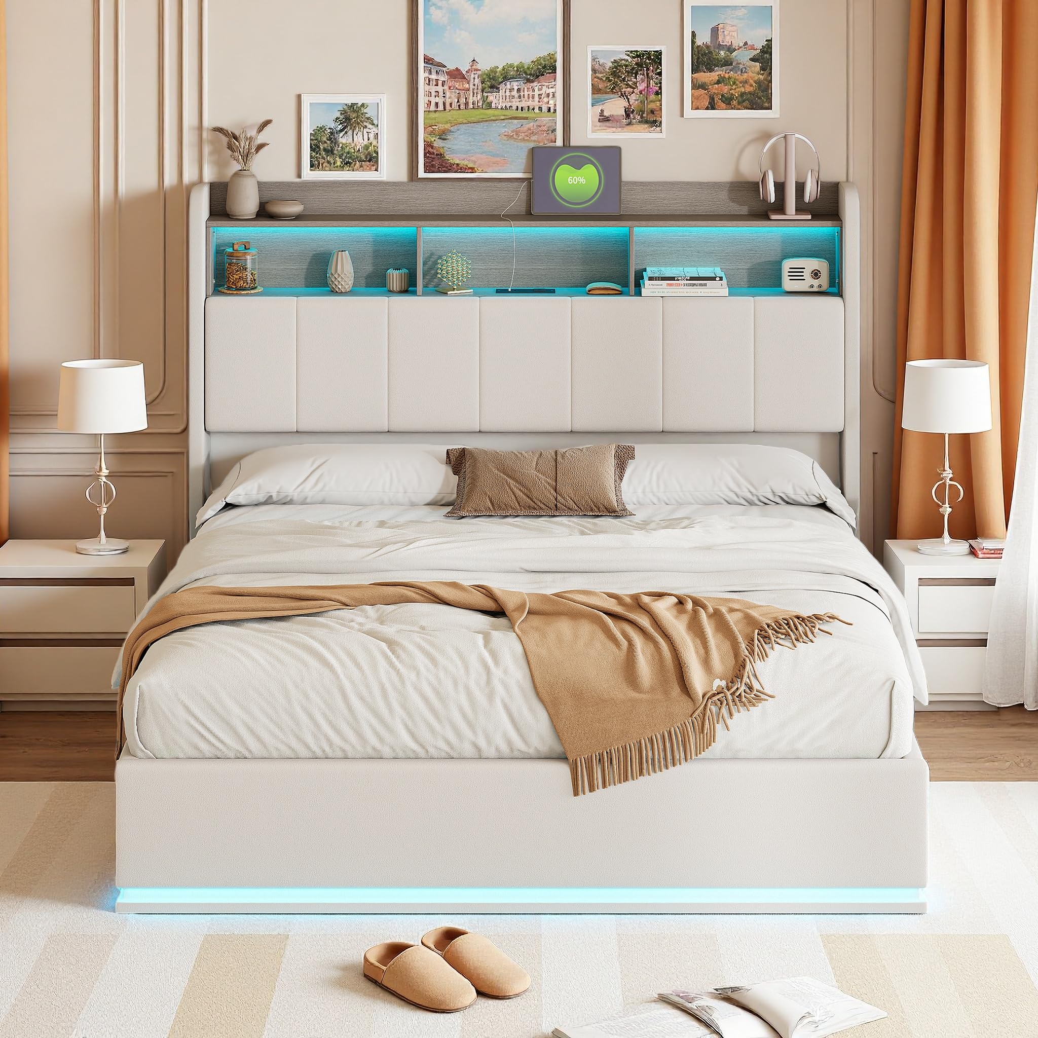Letto imbottito 140x200, Letto Matrimoniale imbottito con Schienale, Letto Sollevabile con Contenitore e rete a doghe, Moderno e Semplice, Tessuto in pile, Senza Materasso, Bianco