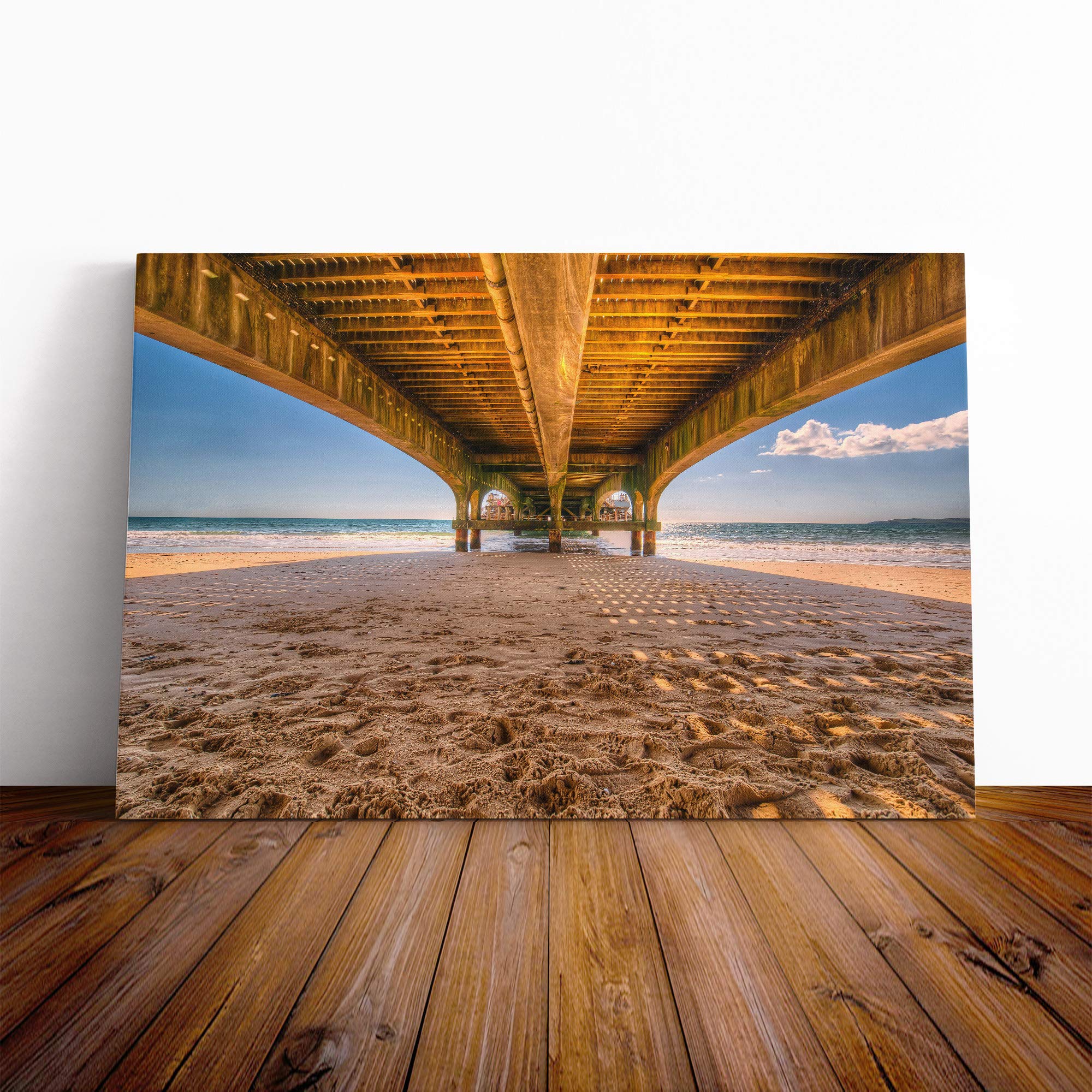 Beach Seascape Wooden Pier Jetty Canvas Print | Gallery Wrapped 30mm Frame Wall Art | 24x16 inches | Ready to Hang | Modern Seascape Picture | Living Room Bedroom Lounge Office