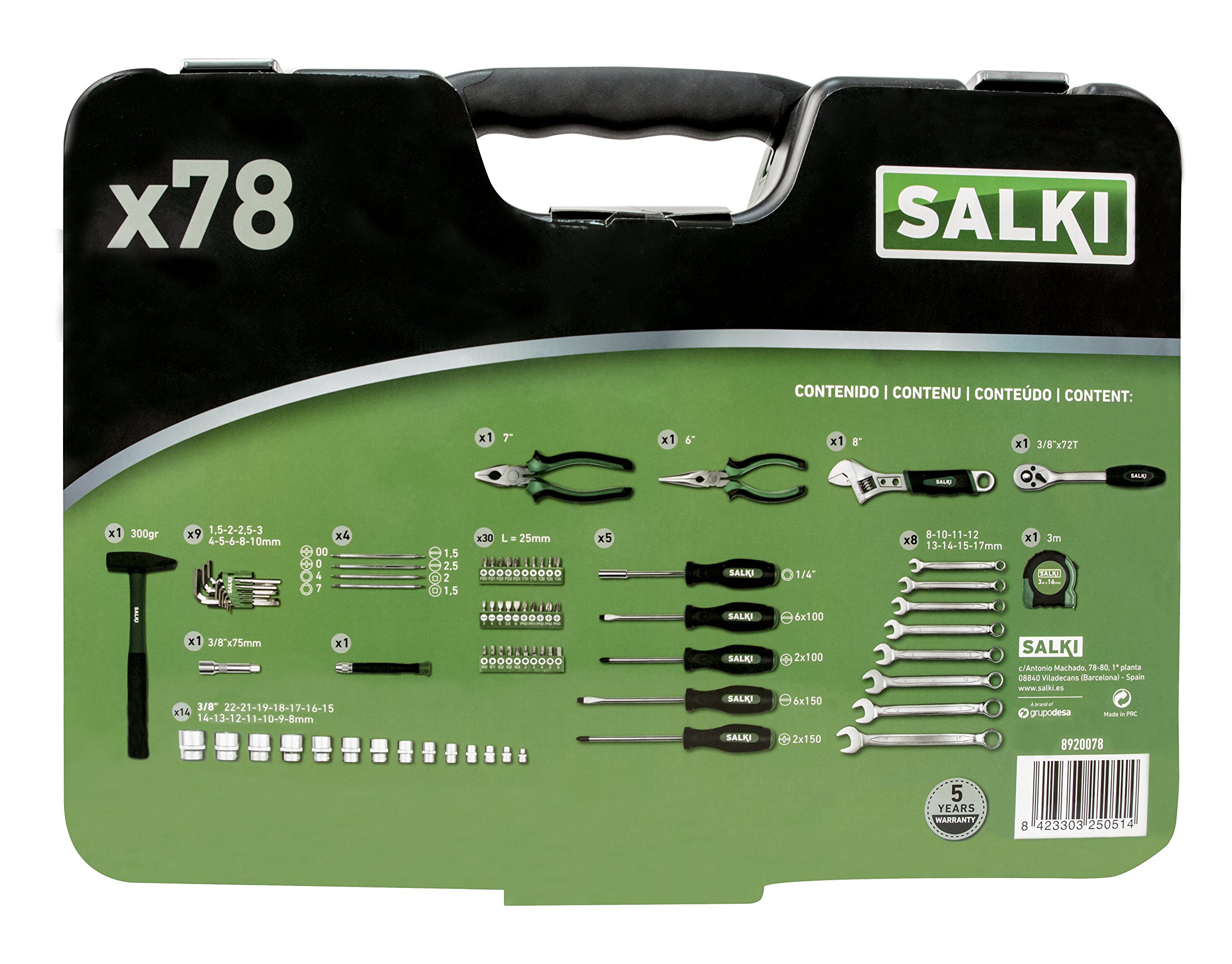 SALKI Maleta de Herramientas - Set de 78 Piezas Multiusos, Incluye Carraca Profesional, para Reparaciones e Instalaciones Domésticas, Uso Intermedio entre Profesional y Especialista.