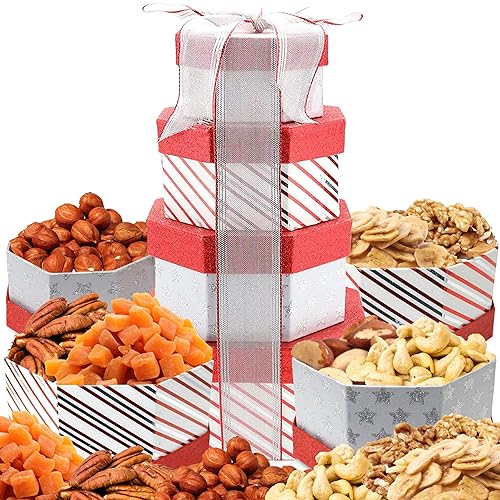 Regalo de Acción de Gracias y Navidad, regalo de frutas secas y frutos secos en caja de torre roja de papaya, papaya - Chips de plátano - Avellana