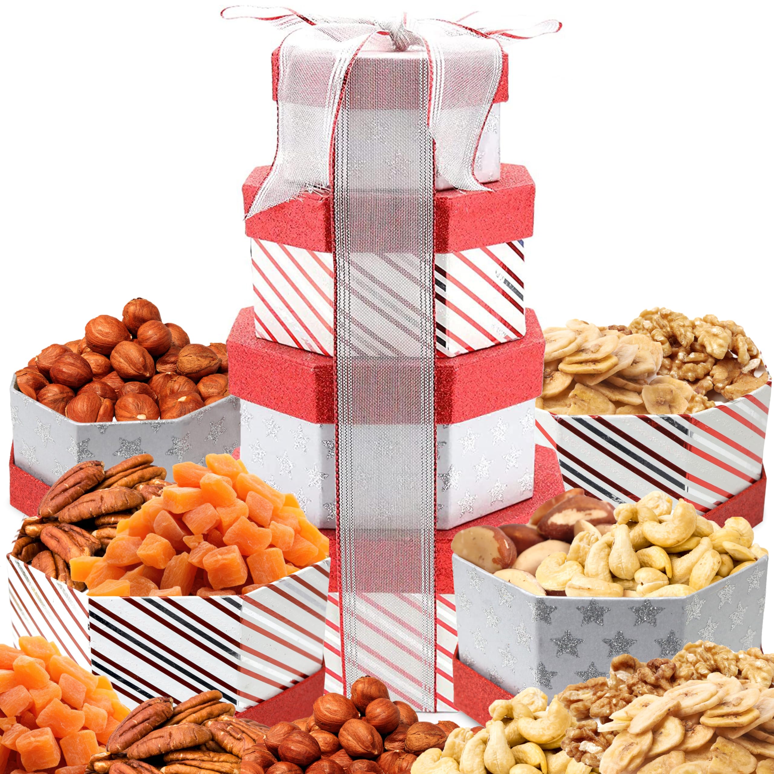Anna and Sarah Tower Box Gift Dried Fruit & Nuts Gift Box Papaya- Banana Chips - Oregon Hazelnut - Walnut - Cashew - Pecan for Men Women