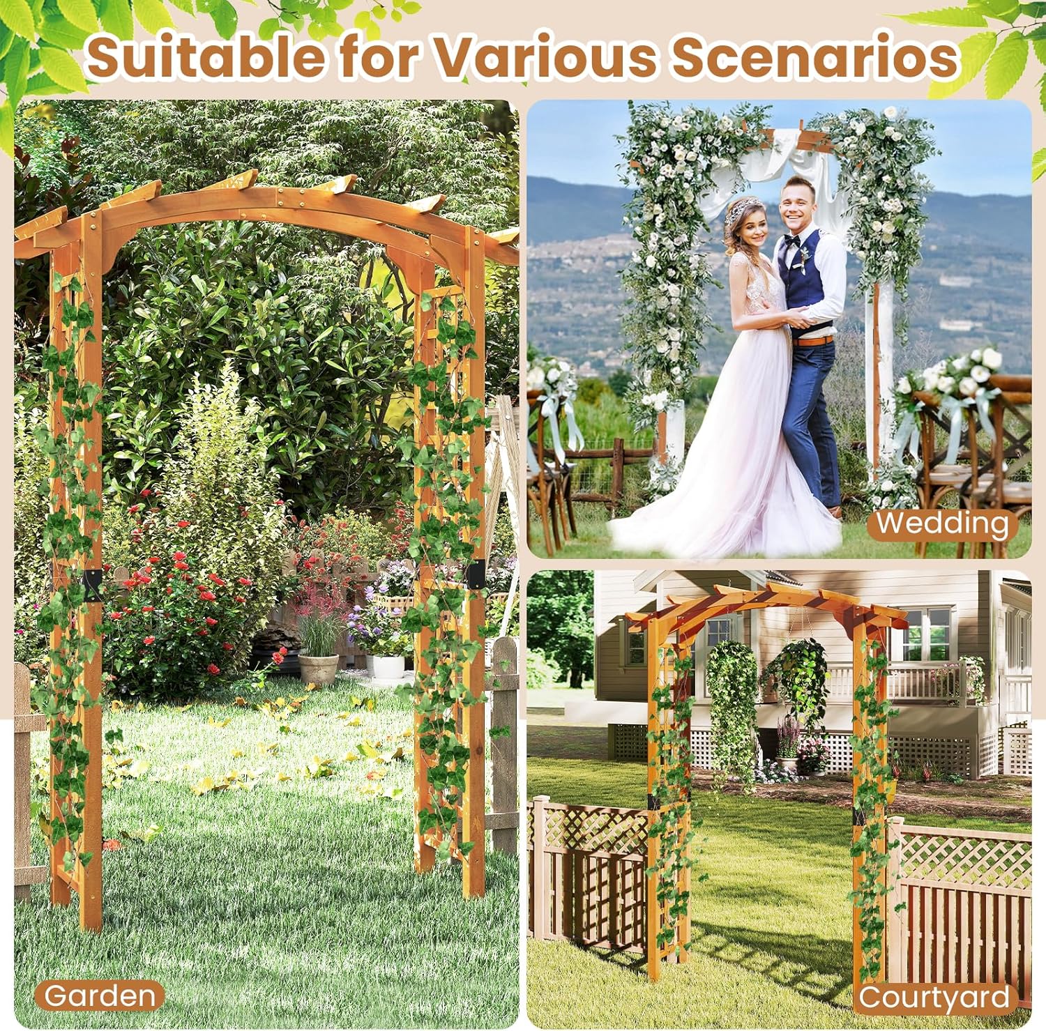 Moccha Arched-top Wooden Garden Arch - 7.5 FT Outdoor Arbor Trellis for Climbing Plants, Roses, Vines, Outside Pergola Planter, Garden Arbor for Lawn Backyard Wedding Ceremony Bridal Party