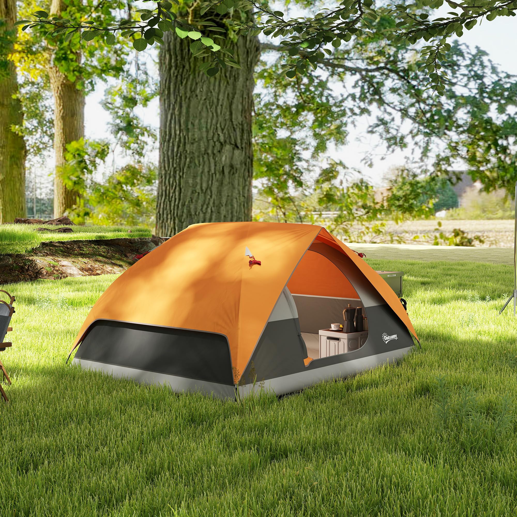 Outsunny Tienda de Campaña para 2-4 Personas Tienda de Camping Plegable con Ventana de Malla Puerta Gancho Bolsillos y Bolsa Resistente al Agua Fácil de Instalar para Senderismo Naranja y Gris