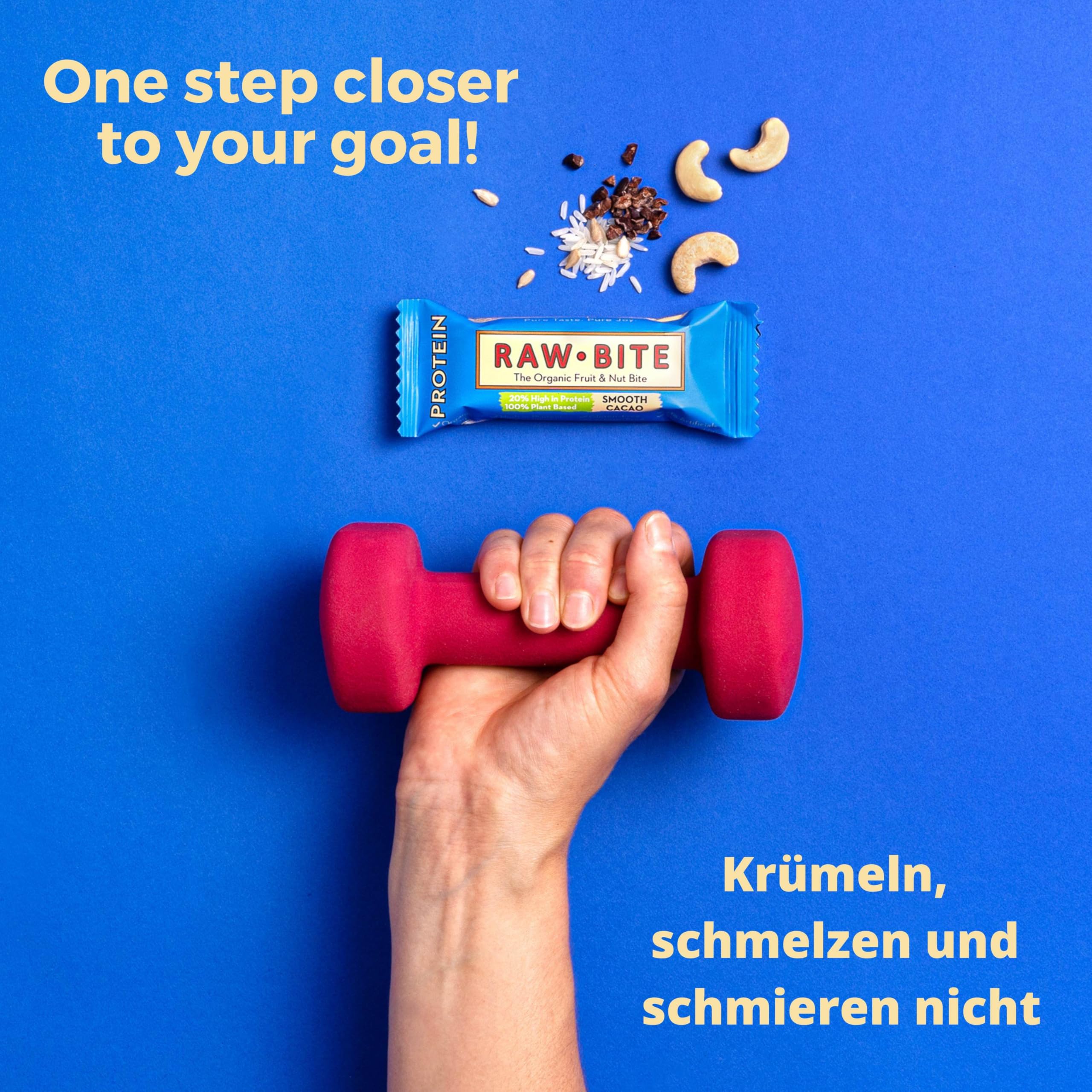 RAWBITE PROTEIN Riegel mit 21g Eiweiß I 45 Bio Proteinriegel in der Office Box I Reisprotein, Datteln, Cashews, Vanilla & Kakao I Vegan, glutenfrei, laktosefrei I enthält natürlichen Zucker I 45 x 15g