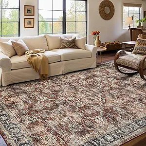 GarveeHome Large Area Rug 9x12 Washable Vintage Floral Rug for Bedroom Low Pile Distressed Throw Rug Non Slip Soft Foldable Floor Cover for Living Room Home Nursery Office, Red